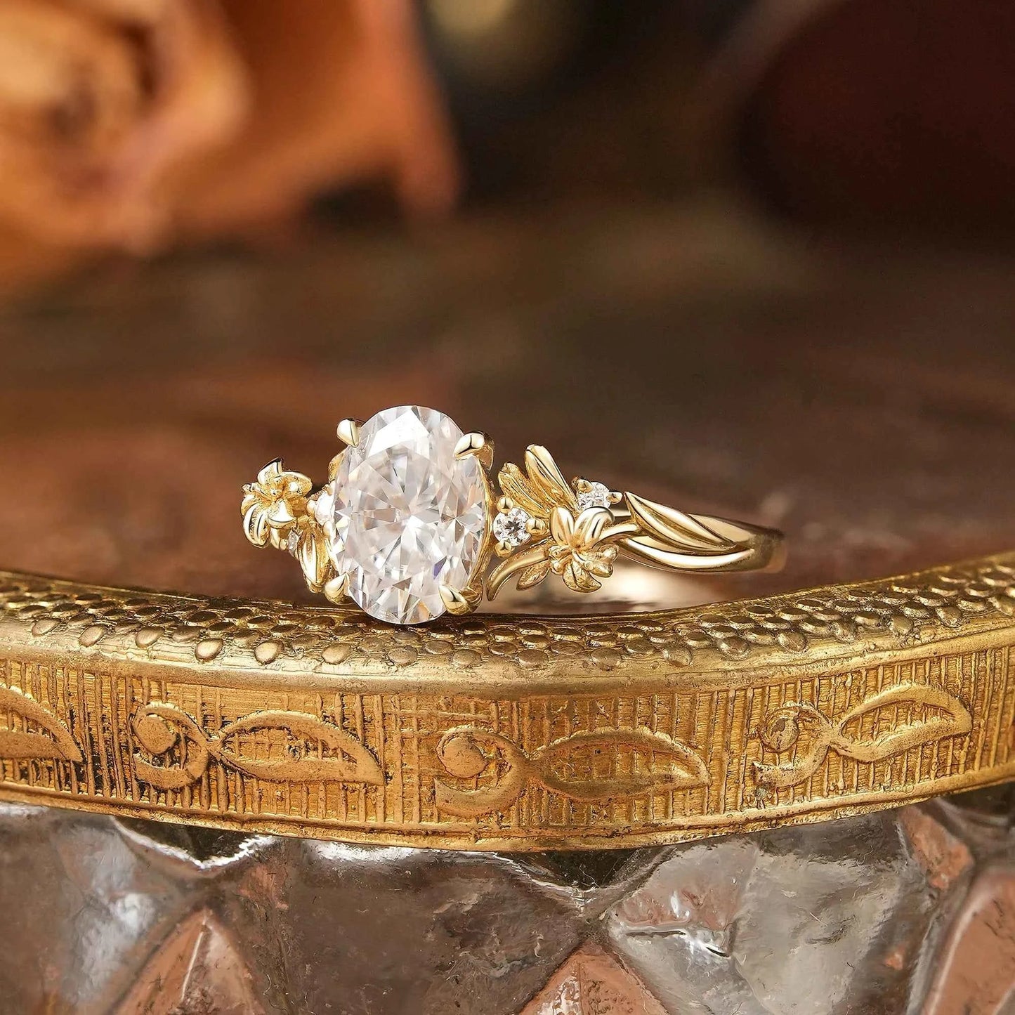 Oval Cut Moissanite Lily Flower Inspired Engagement Ring - Celine | GemsMagic - GemsMagic