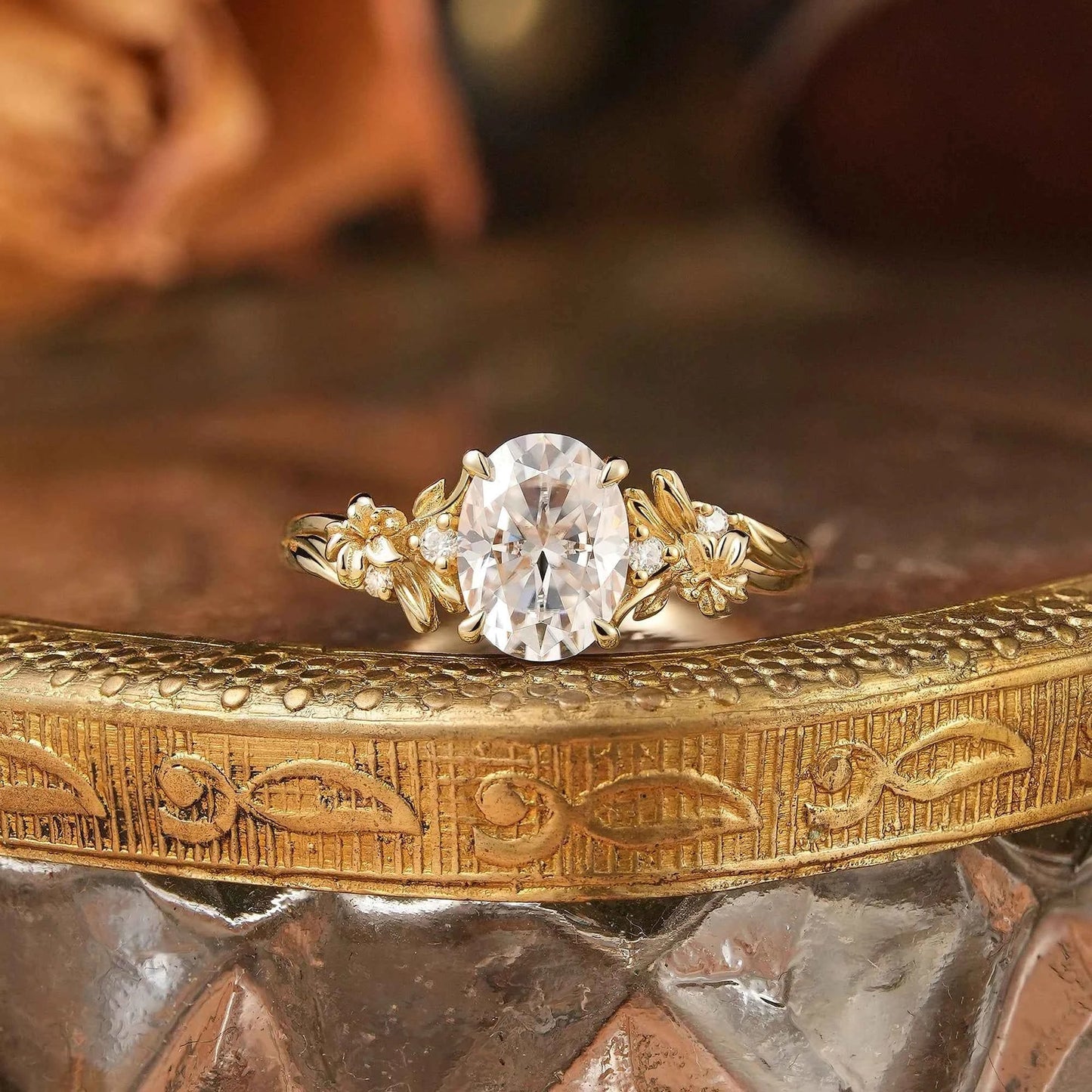 Oval Cut Moissanite Lily Flower Inspired Engagement Ring - Celine | GemsMagic - GemsMagic