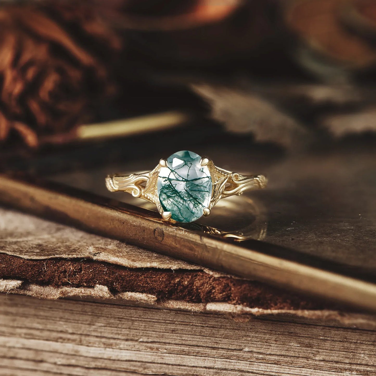 Oval Cut Moss Agate Leaf and Filigree Ring - Isla - GemsMagic