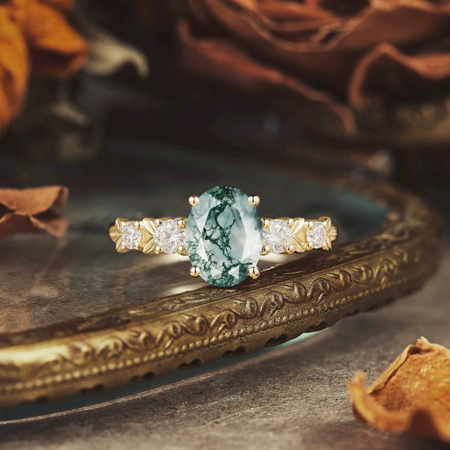 Oval Cut Moss Agate Leaf Inspired Elven Engagement Ring - GemsMagic