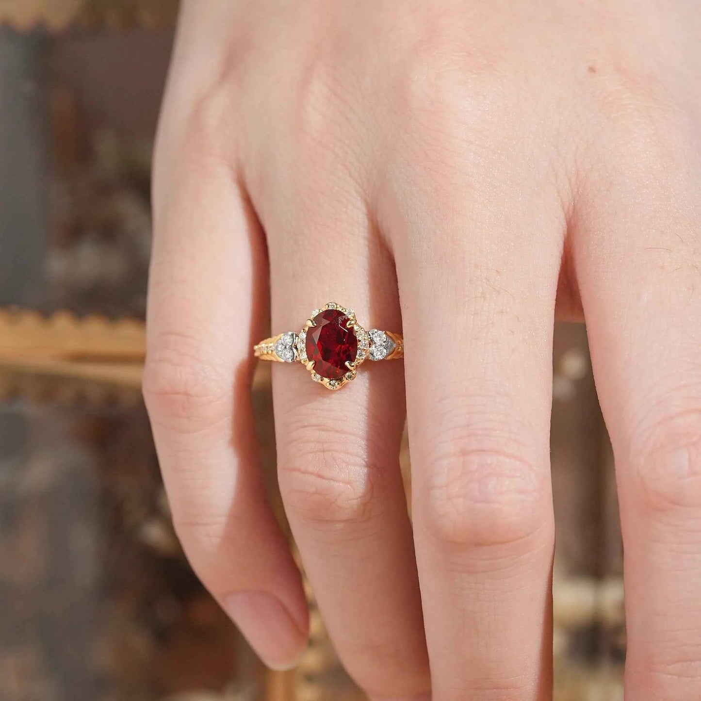 Oval Cut Ruby Halo Vintage Inspired Engagement Ring - GemsMagic