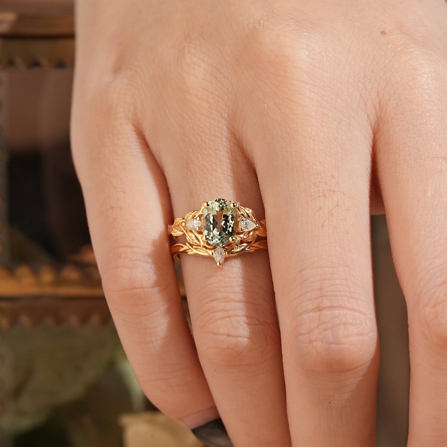 Oval Green Sapphire Nature Inspired Bridal Ring Set Stag Elven Ring Set - GemsMagic