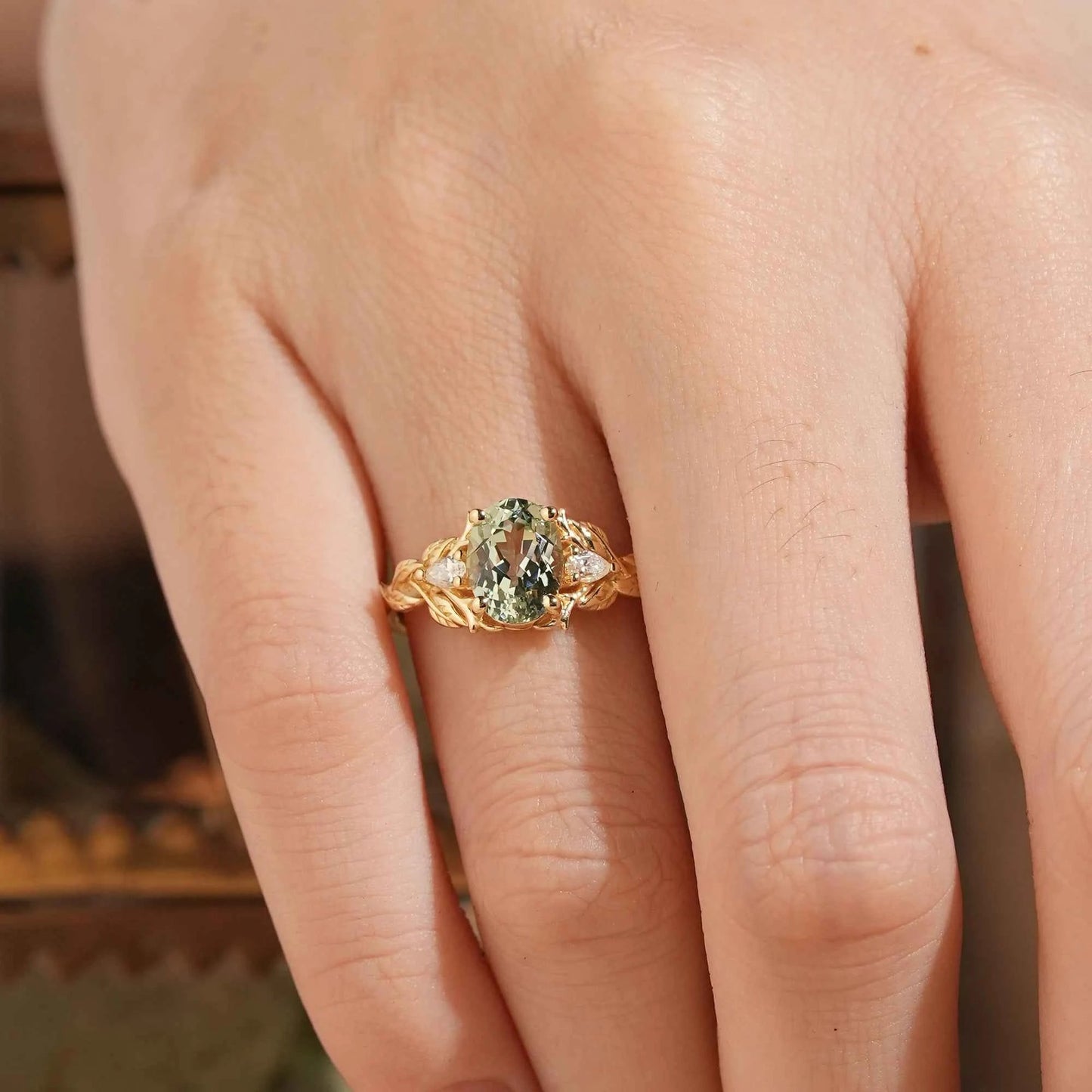 Oval Green Sapphire Nature Inspired Engagement Ring Stag Ring - GemsMagic