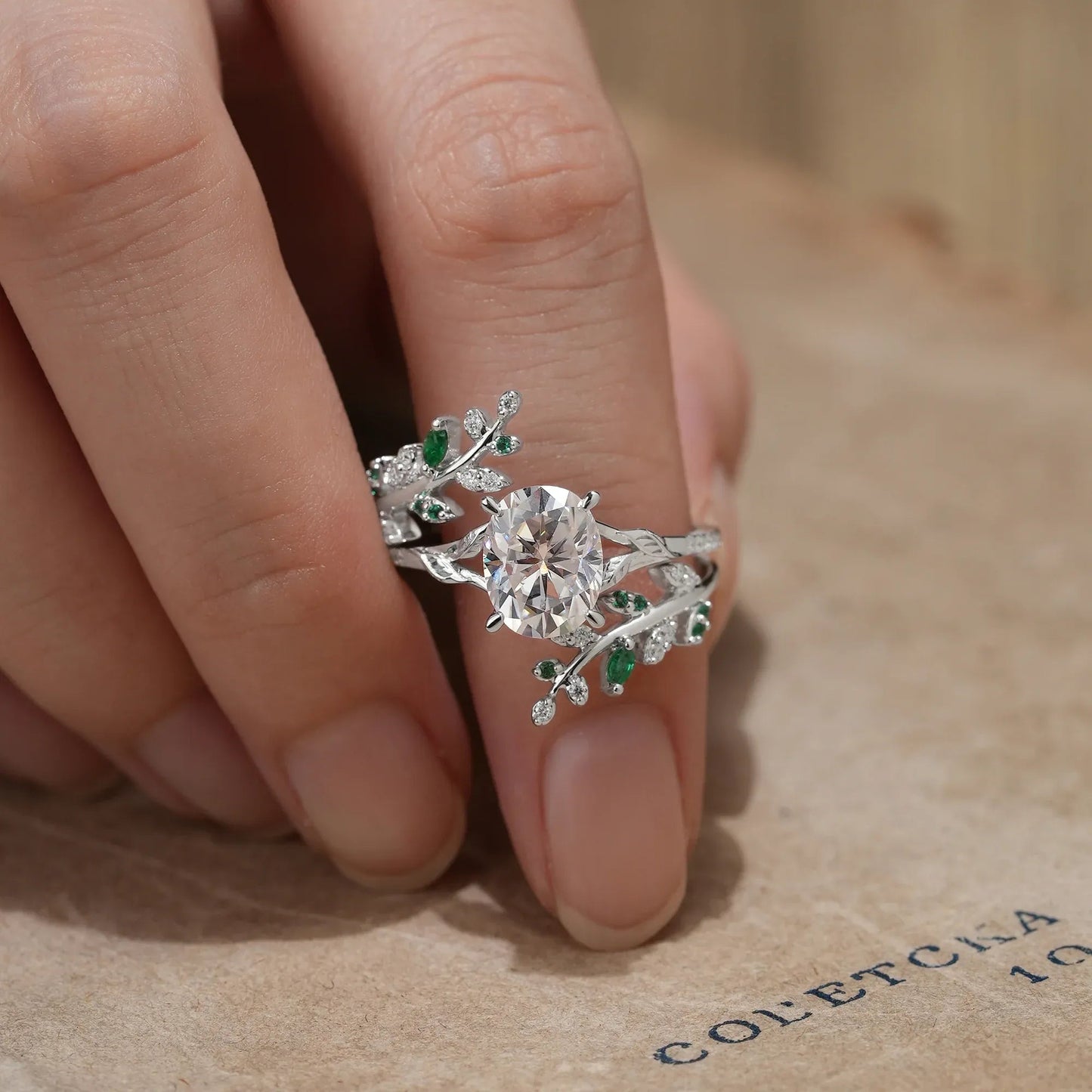 Oval Moissanite and Emerald Half Eternity Leaf Engagement Ring Set 2pcs - Aphrodite - GemsMagic - GemsMagic