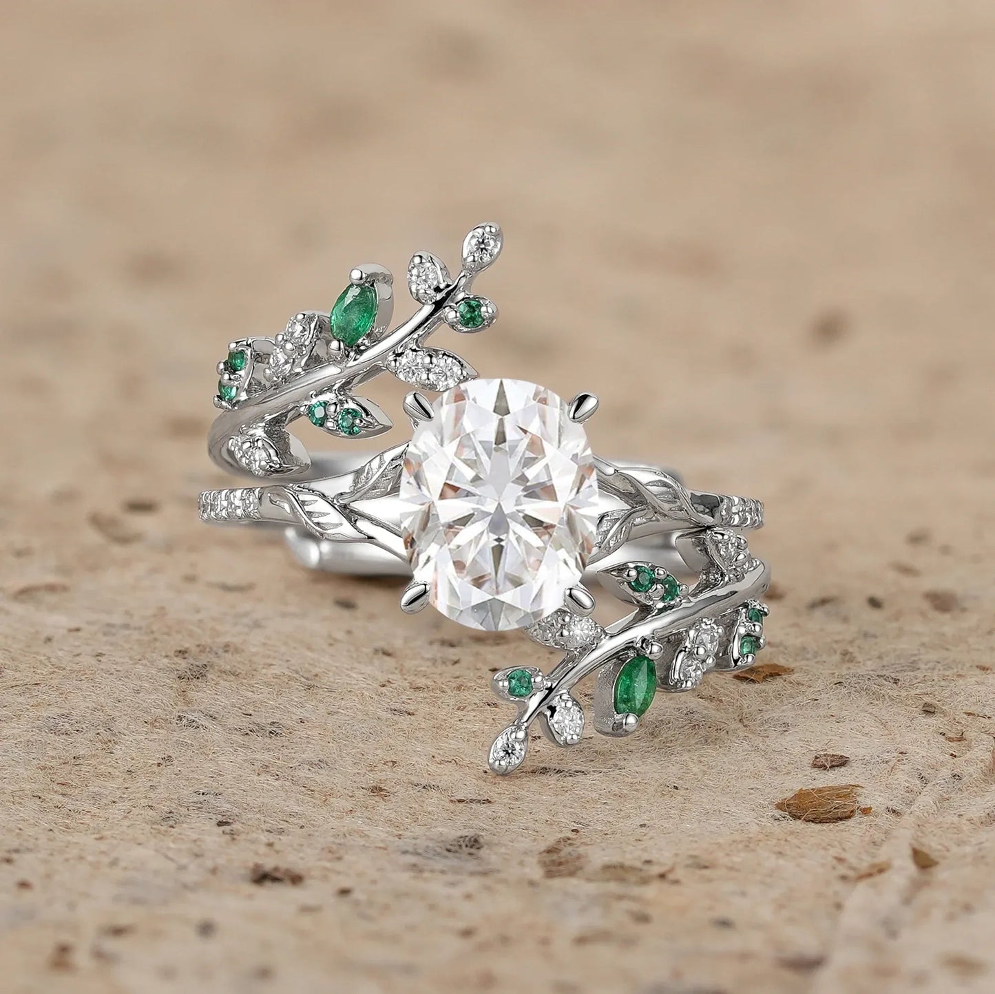 Oval Moissanite and Emerald Half Eternity Leaf Engagement Ring Set 2pcs - Aphrodite - GemsMagic - GemsMagic