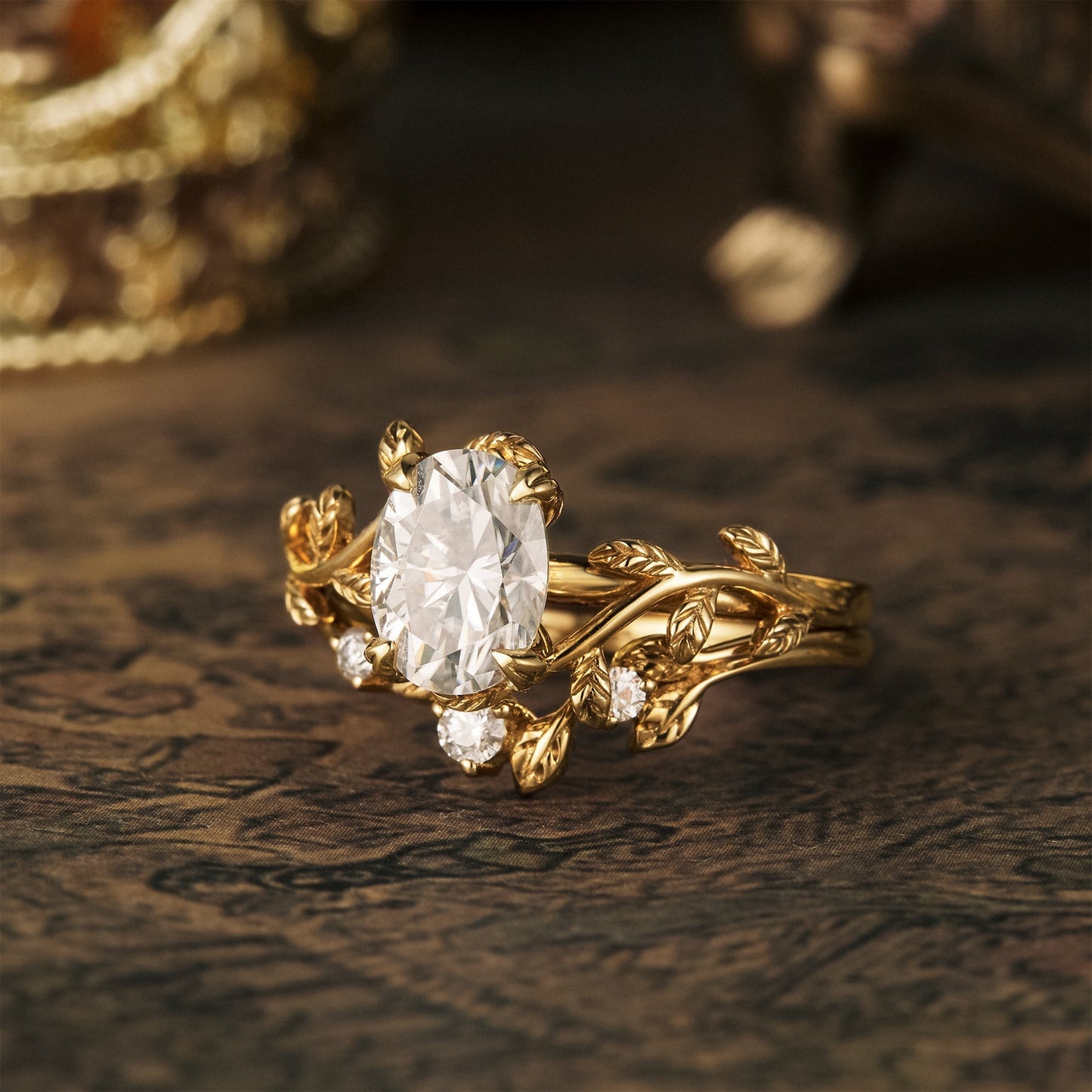 Oval Moissanite Cluster Floral Engagement Ring Set 2pcs - GemsMagic - GemsMagic