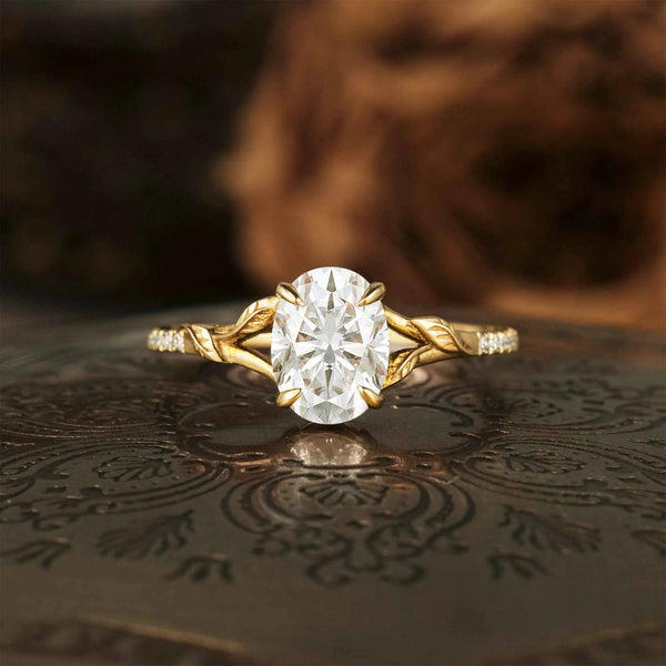 Oval Moissanite Half Eternity Leaf Engagement Ring - GemsMagic