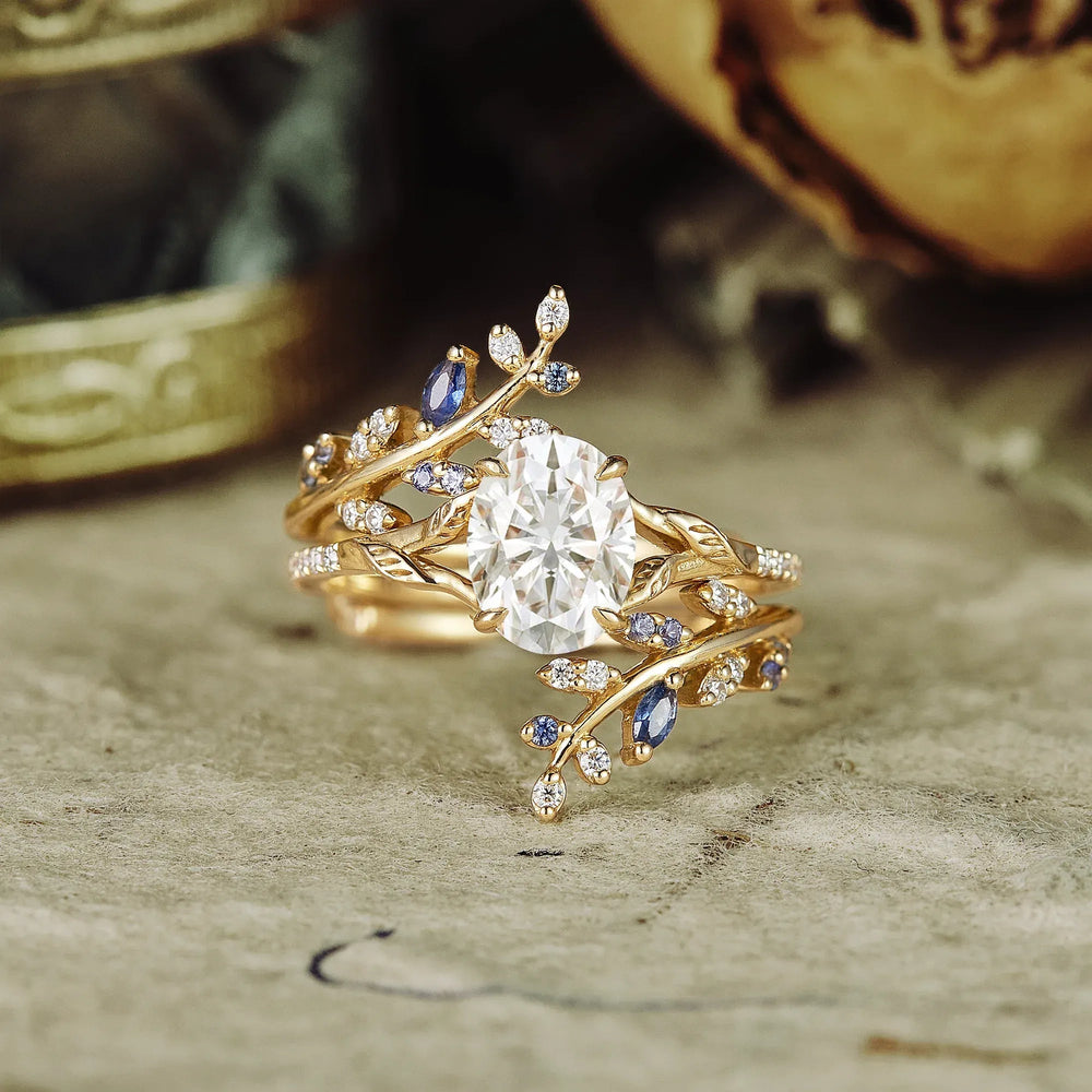 Oval Moissanite Half Eternity Leaf Engagement Ring Set 2pcs - Aphrodite - GemsMagic - GemsMagic