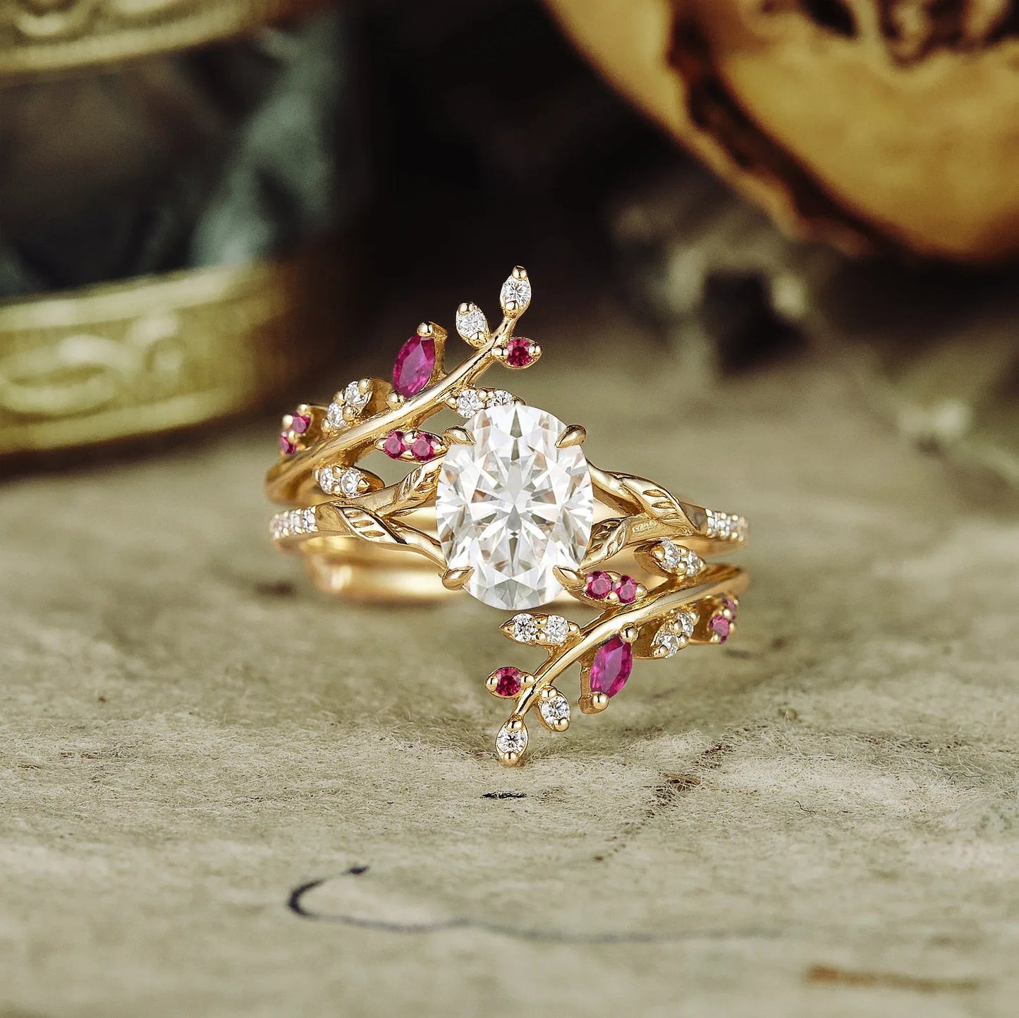 Oval Moissanite Half Eternity Ruby Leaf Engagement Ring Set 2pcs - Aphrodite - GemsMagic - GemsMagic