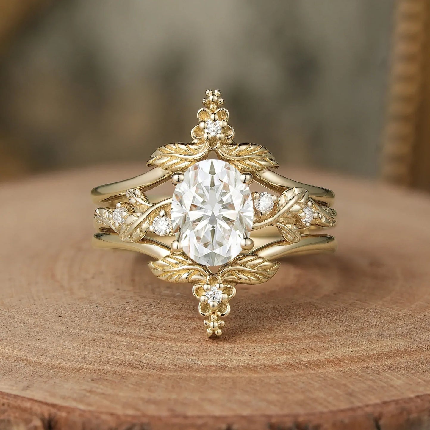 Oval Moissanite Yellow Gold Ring Set 2pcs - GemsMagic