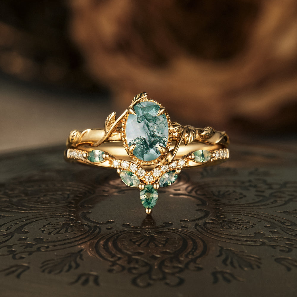 Oval Moss Agate Cluster Leaf Engagement Ring Set 2pcs - GemsMagic