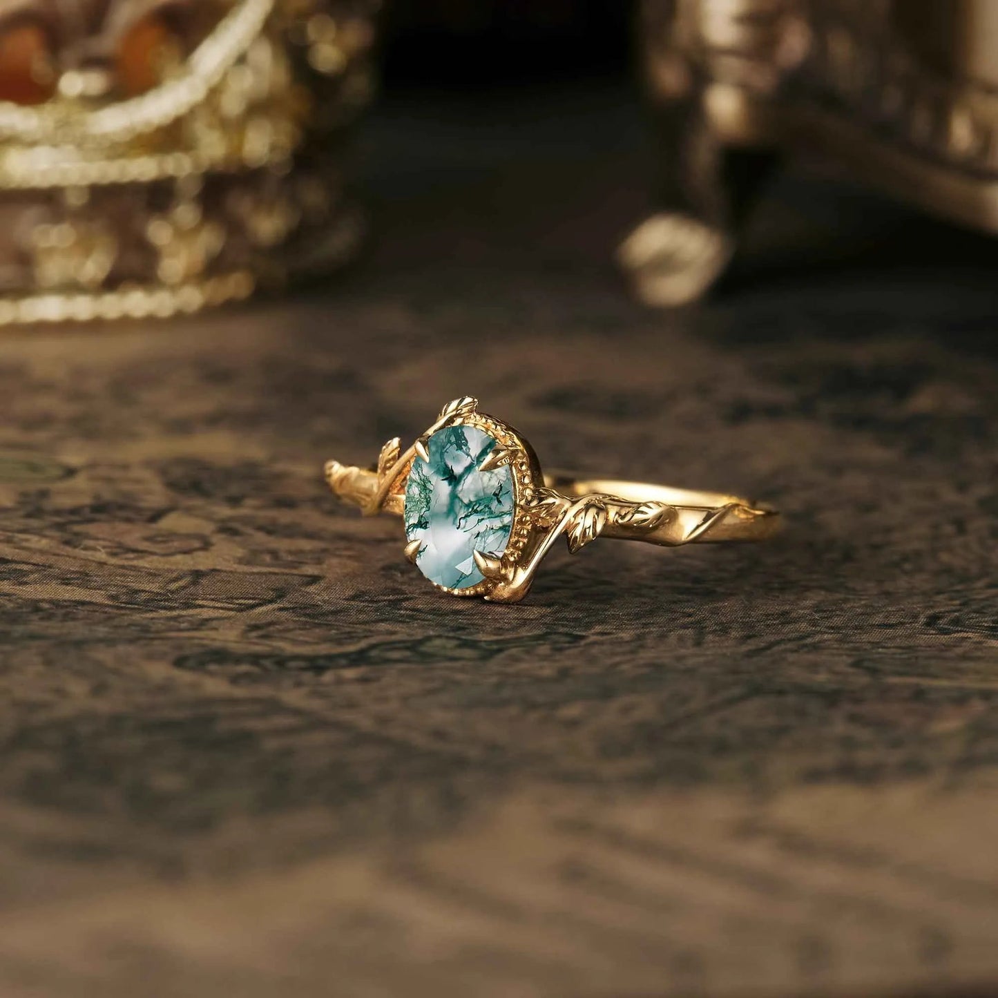 Oval Moss Agate Natural Inspired Leaf Engagement Ring - GemsMagic - GemsMagic