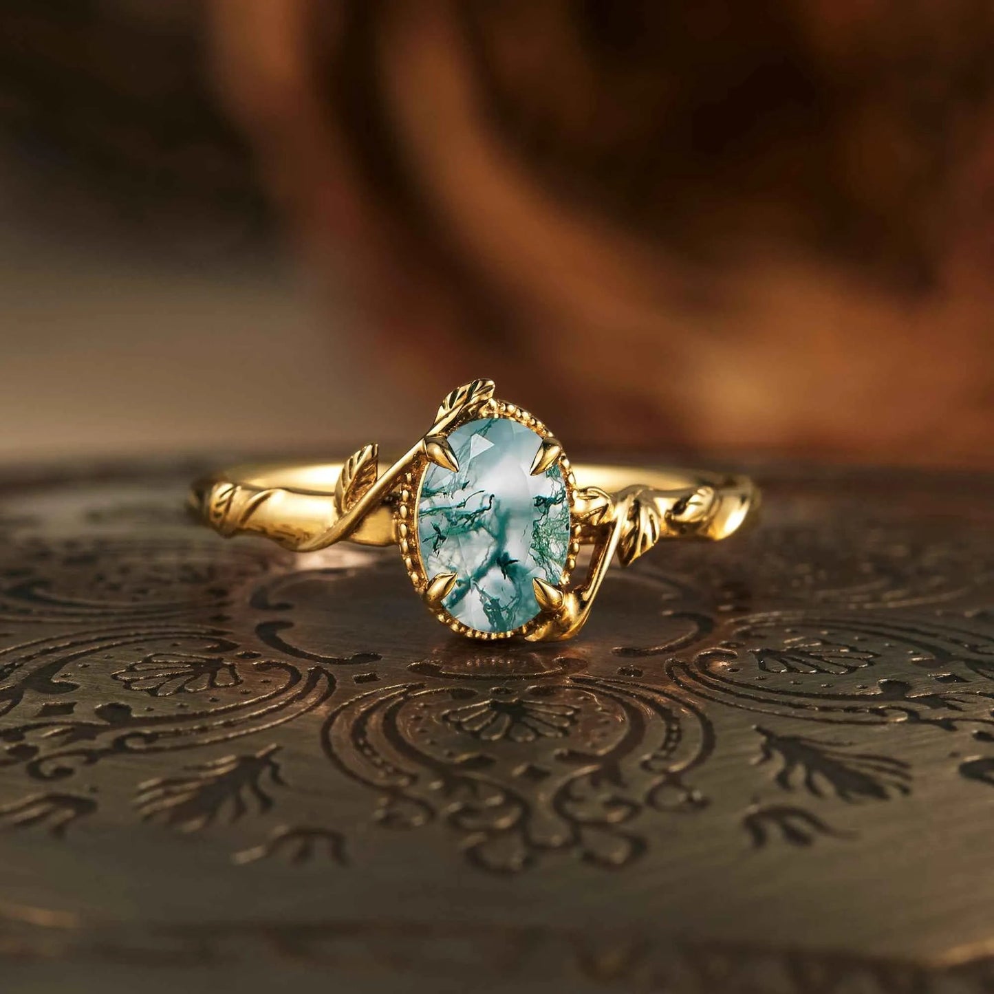 Oval Moss Agate Natural Inspired Leaf Engagement Ring - GemsMagic - GemsMagic