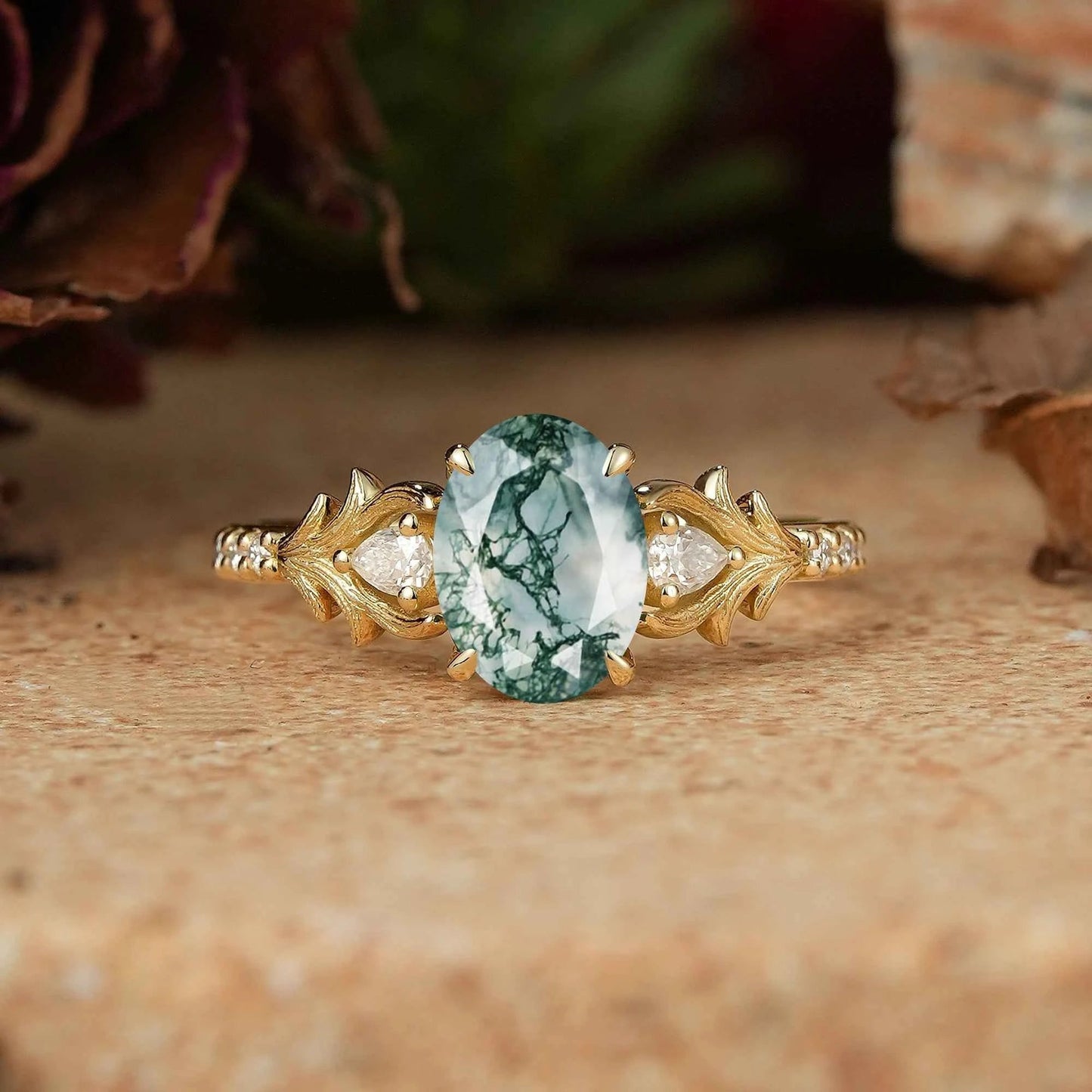 Oval Moss Agate Stag Inspired Bark Textured Engagement Ring Elven Ring - GemsMagic