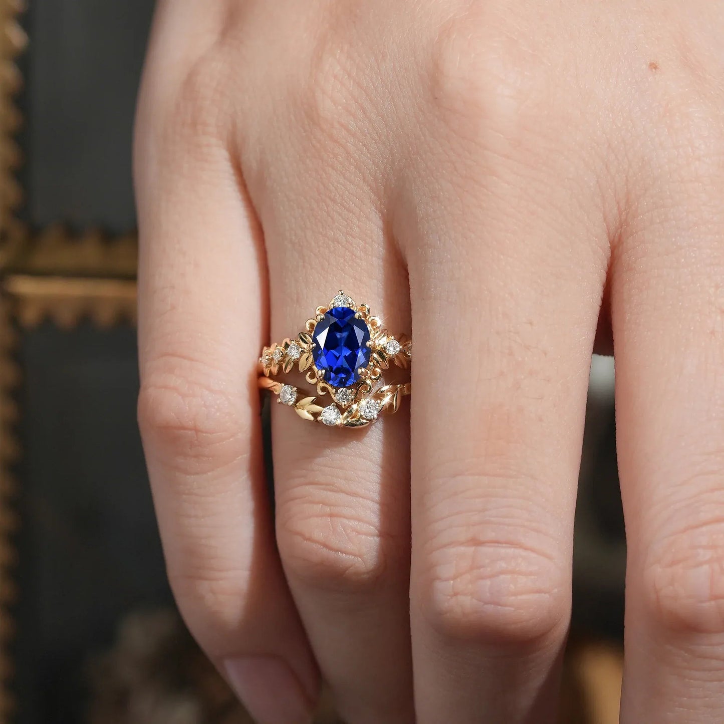 Oval Sapphire Leaf Ring Set - Calista - GemsMagic - GemsMagic