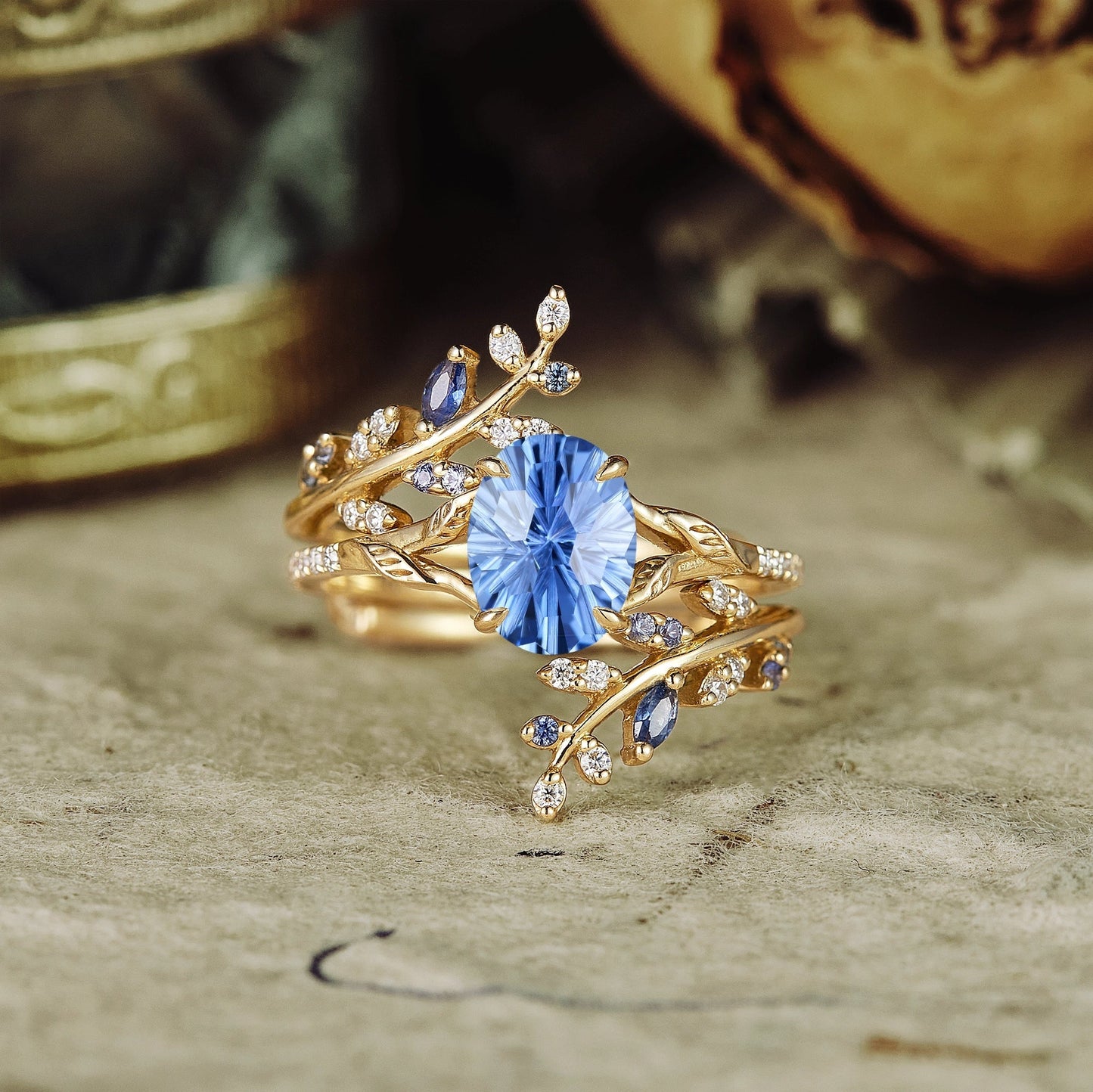 Oval Sparkle Cut Cornflower Sapphire Leaf Engagement Ring Set 2pcs - Aphrodite - GemsMagic