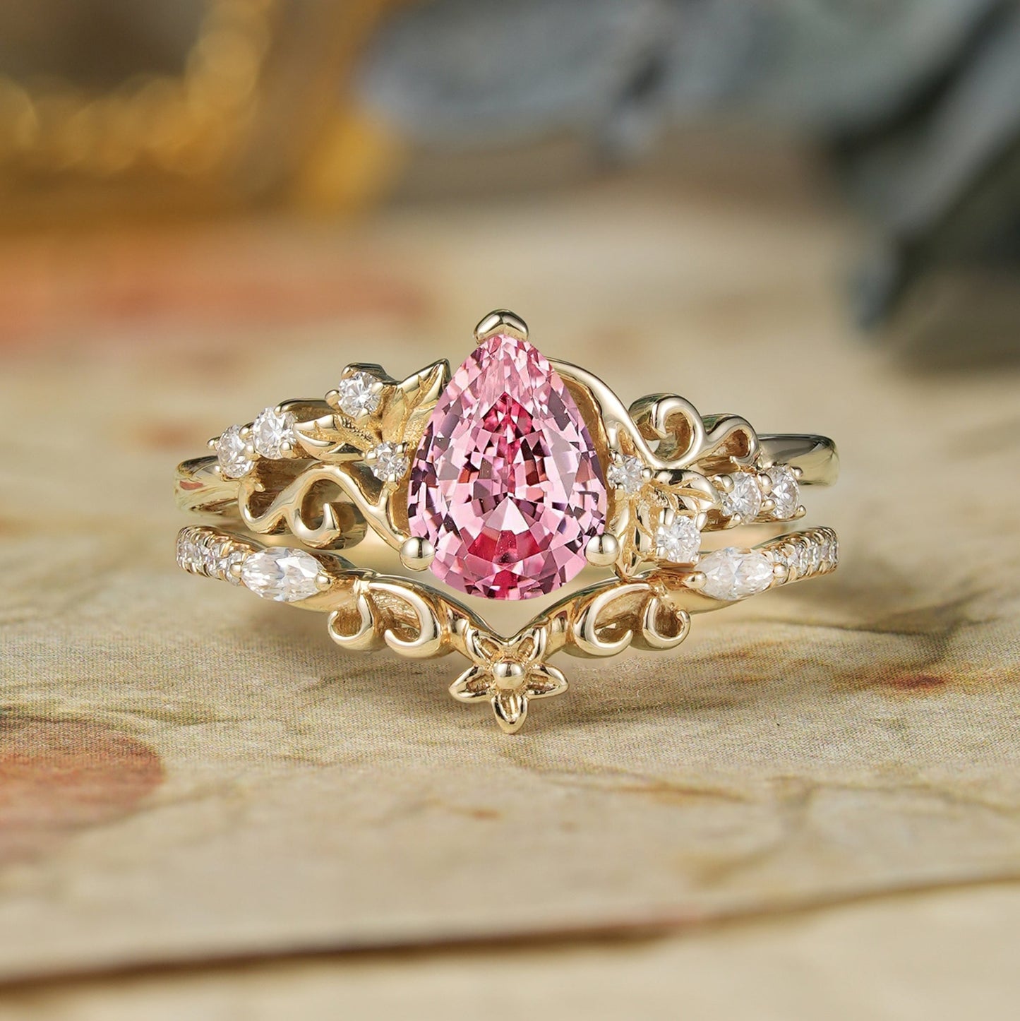 Padparadscha Sapphire Engagement Ring Set - Hollis - GemsMagic