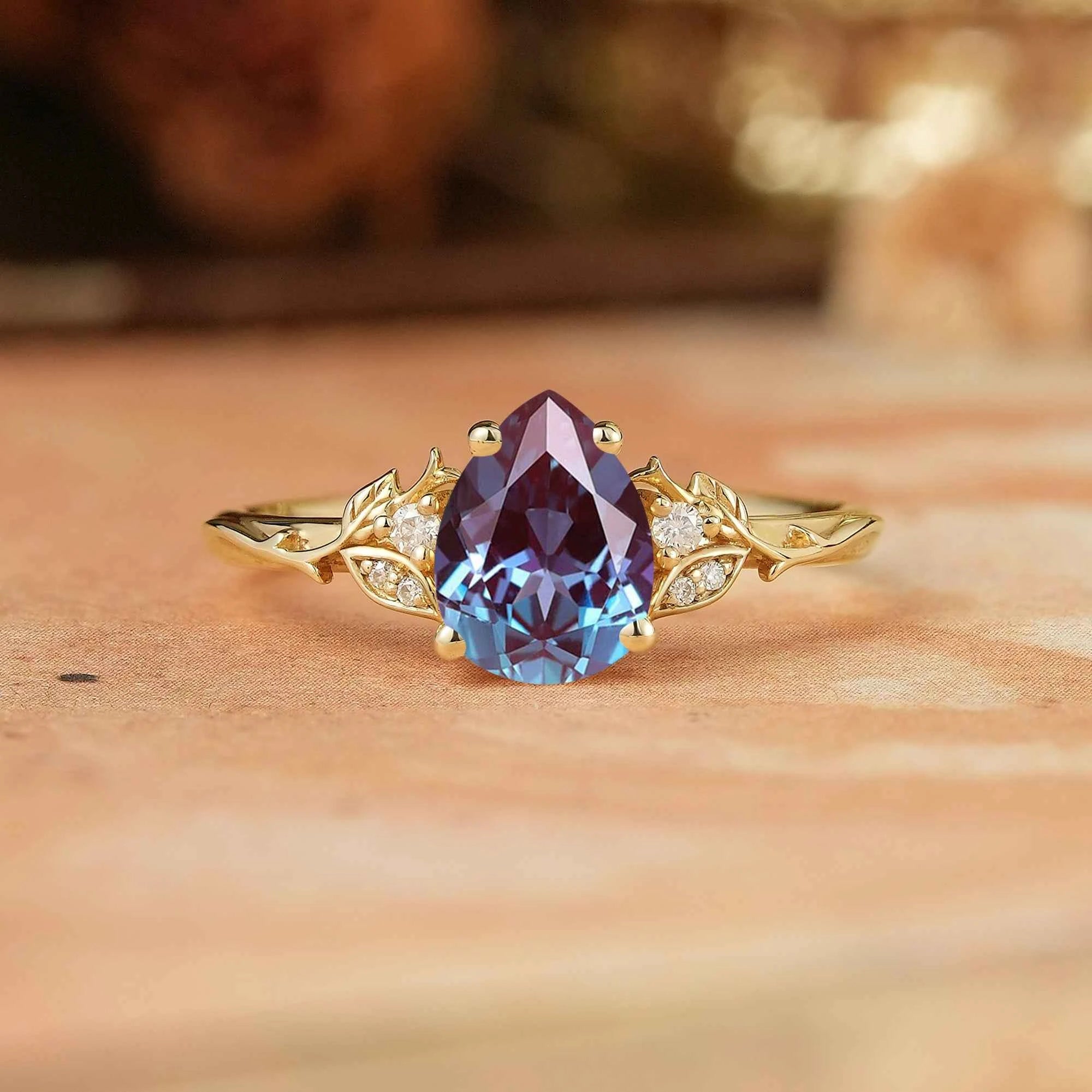 Pear Cut Alexandrite Leaf Inspired Engagement Ring