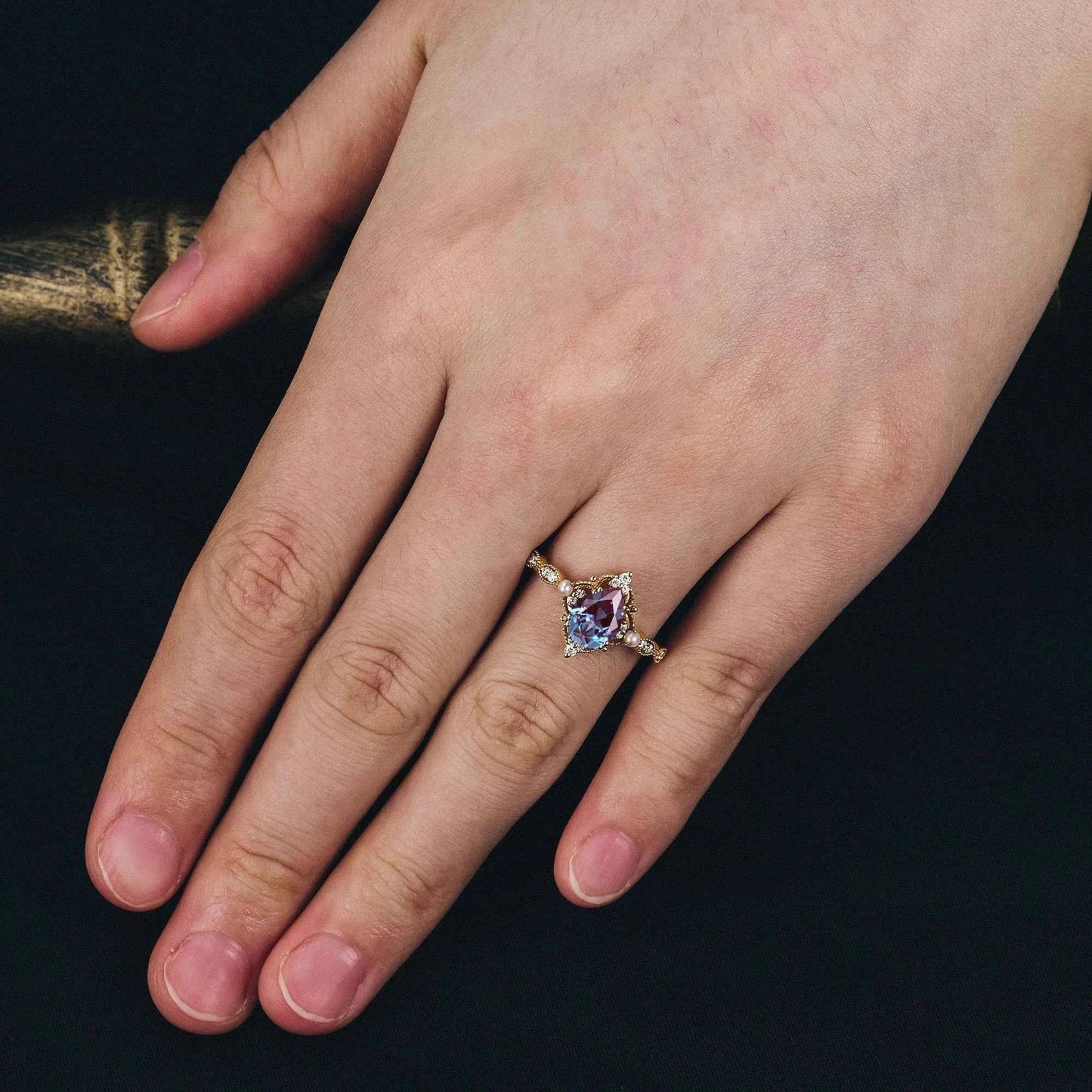 Pear Cut Alexandrite Milgrain Vintage Engagement Ring - GemsMagic