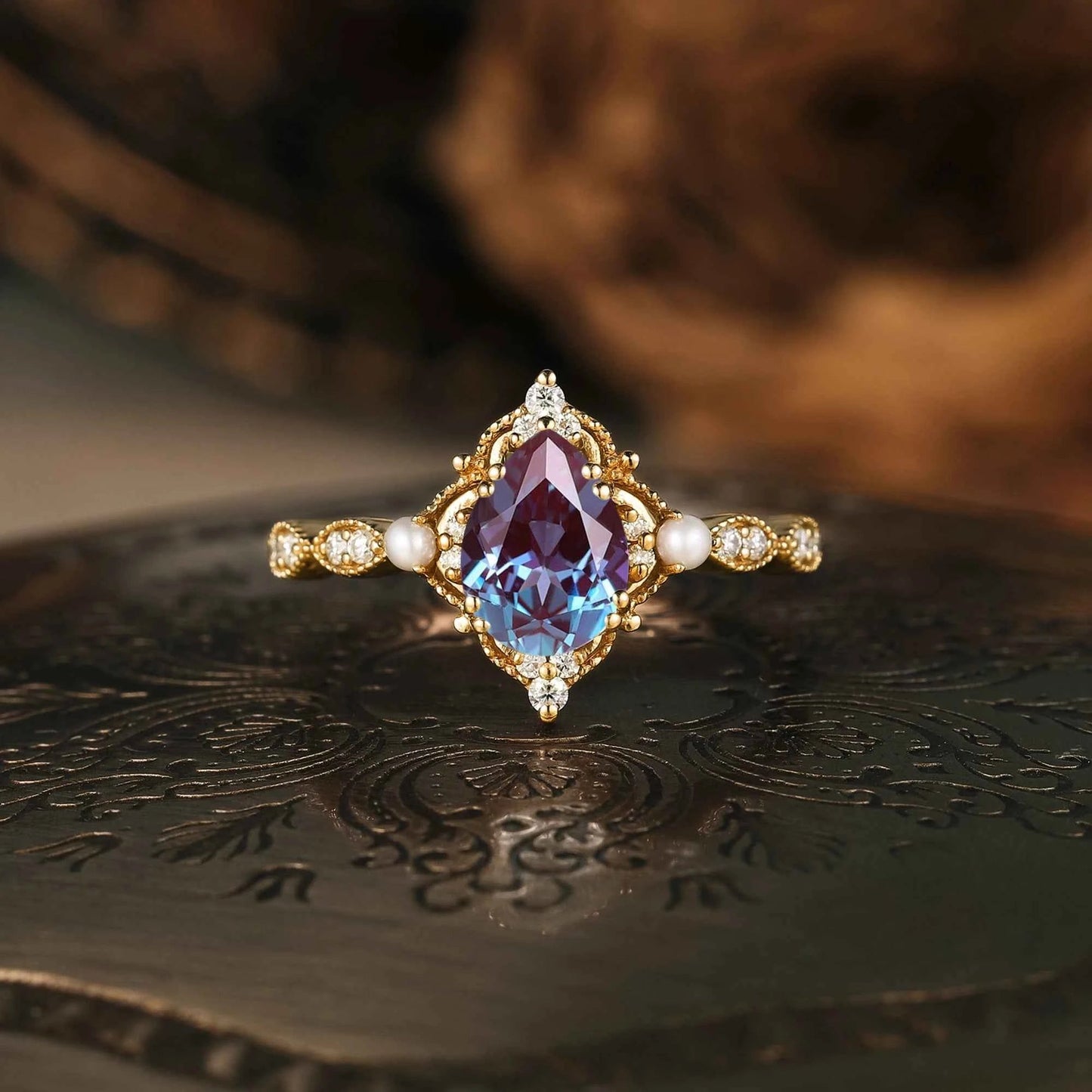 Pear Cut Alexandrite Milgrain Vintage Engagement Ring - GemsMagic