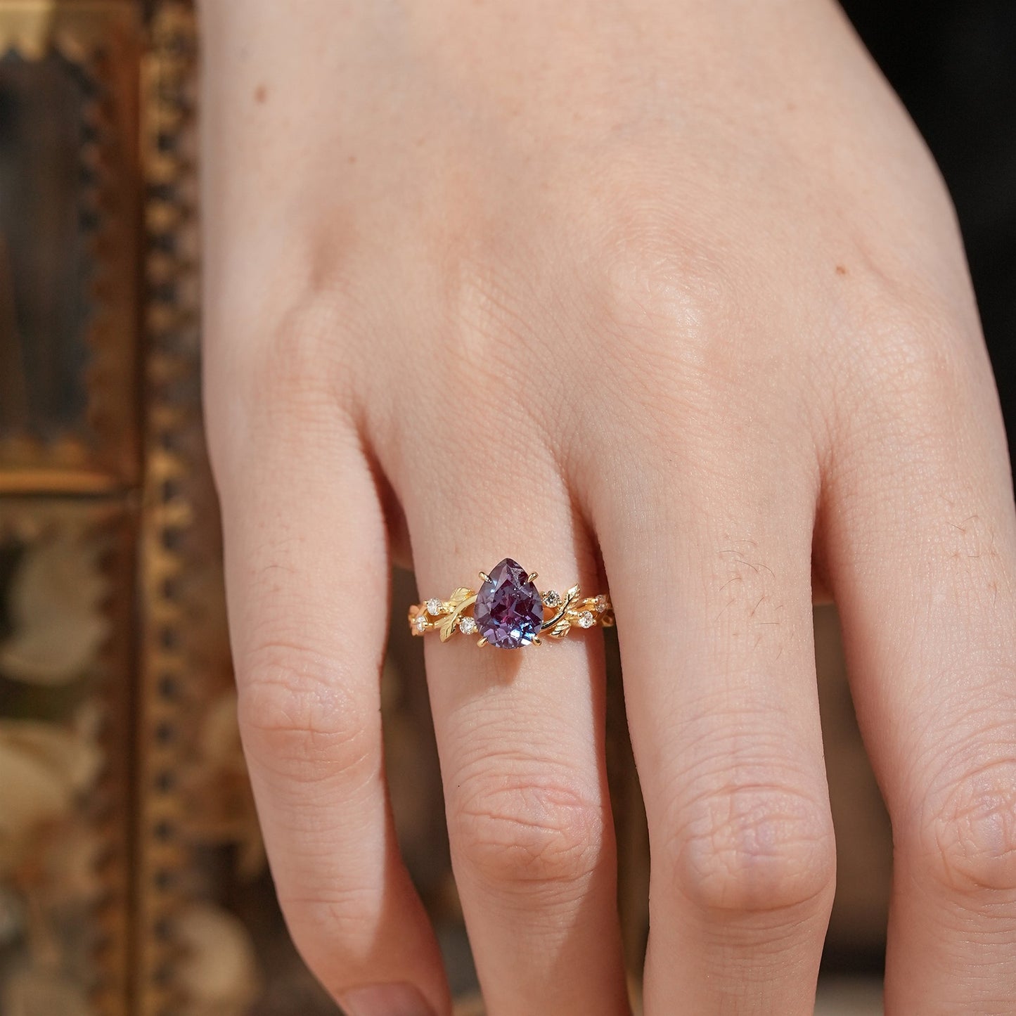 Pear Cut Alexandrite Nature Inspired Engagement Ring - GemsMagic