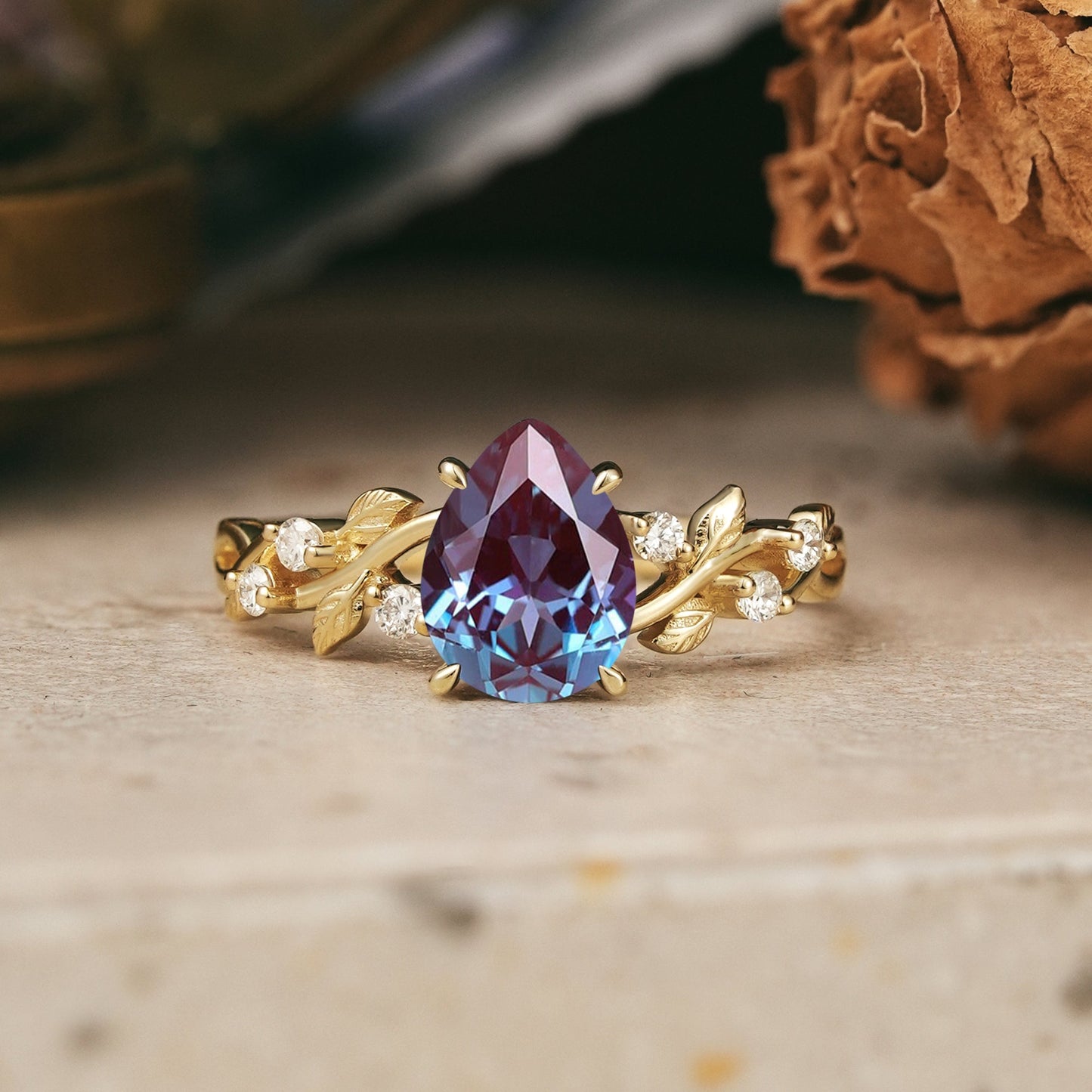 Pear Cut Alexandrite Nature Inspired Engagement Ring - GemsMagic