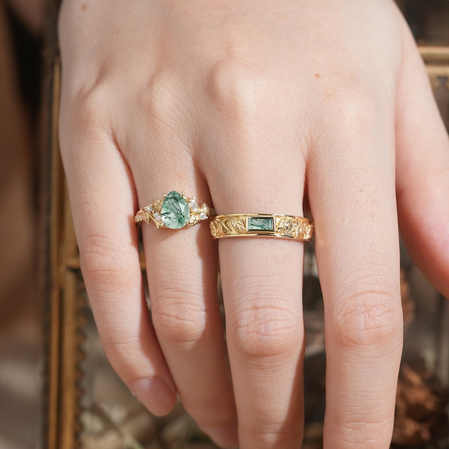 Pear Cut And Bezel Baguette Moss Agate Leaf Inspired Couple Rings - GemsMagic