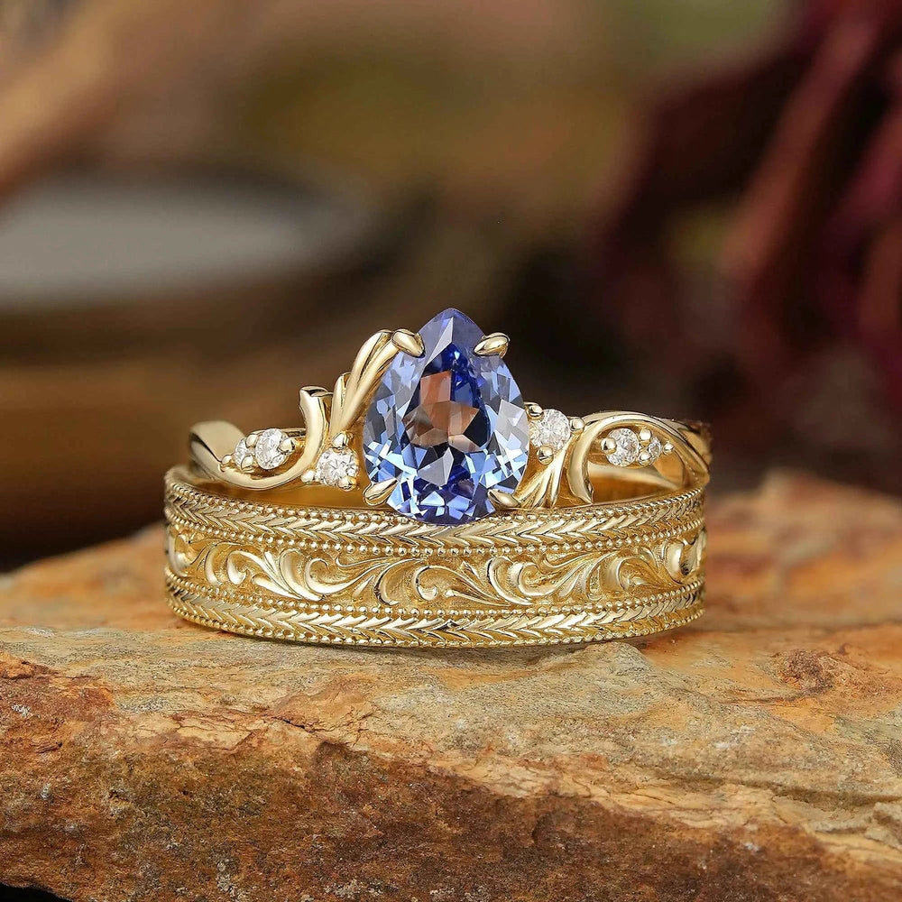 Pear Cut Cornflower Sappire Vine Inspired Milgrain Couple Wedding Ring Set - Cassiopeia & Bradley