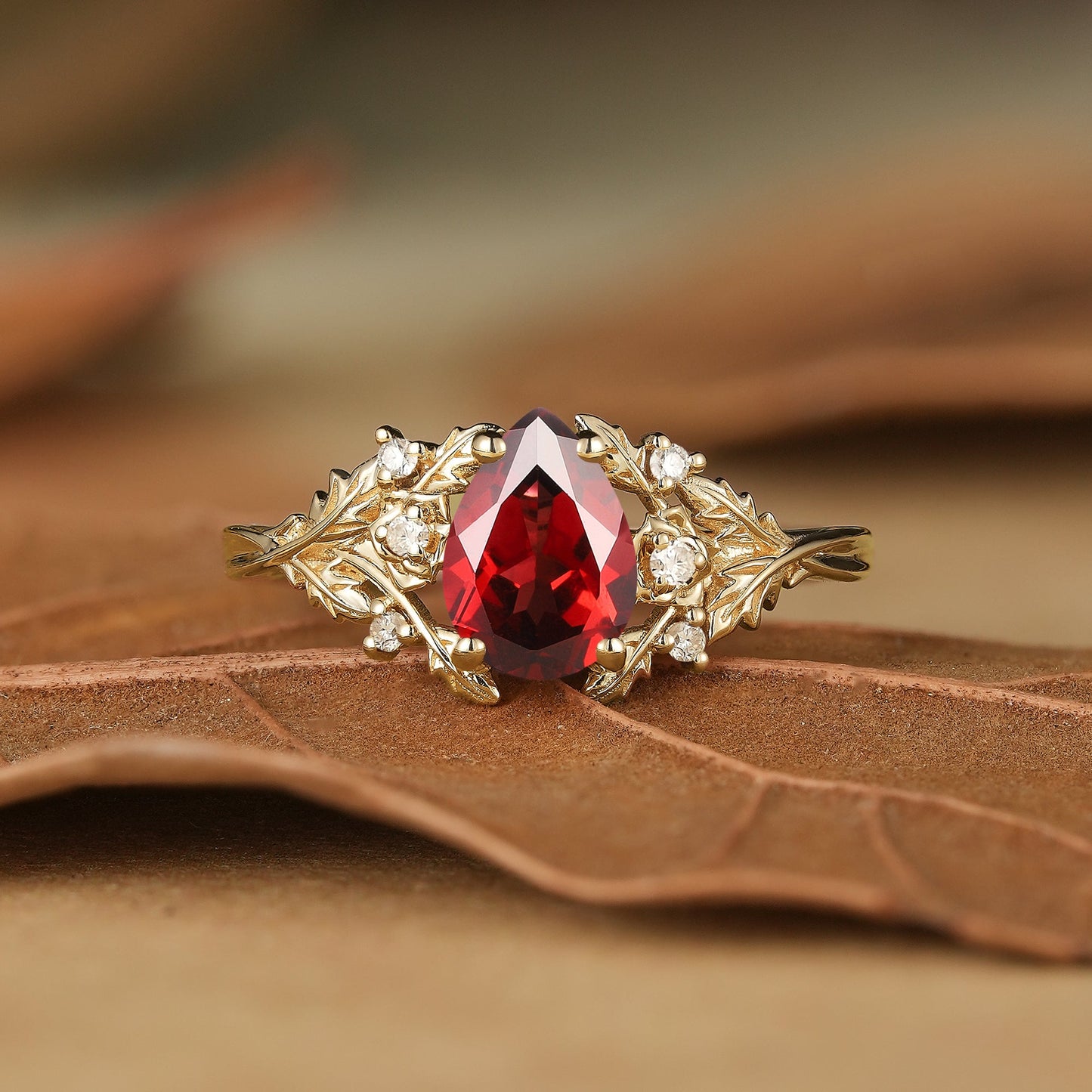 Pear Cut Garnet Leaf Engagement Ring - Matilda - GemsMagic