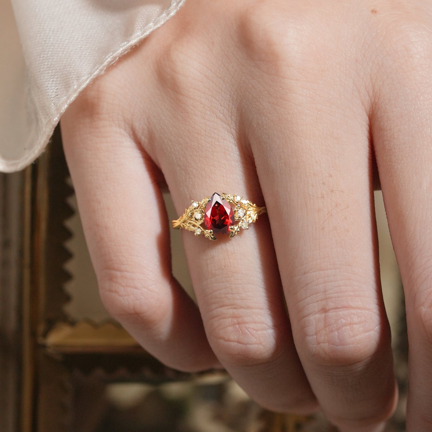 Pear Cut Garnet Leaf Engagement Ring - Matilda - GemsMagic
