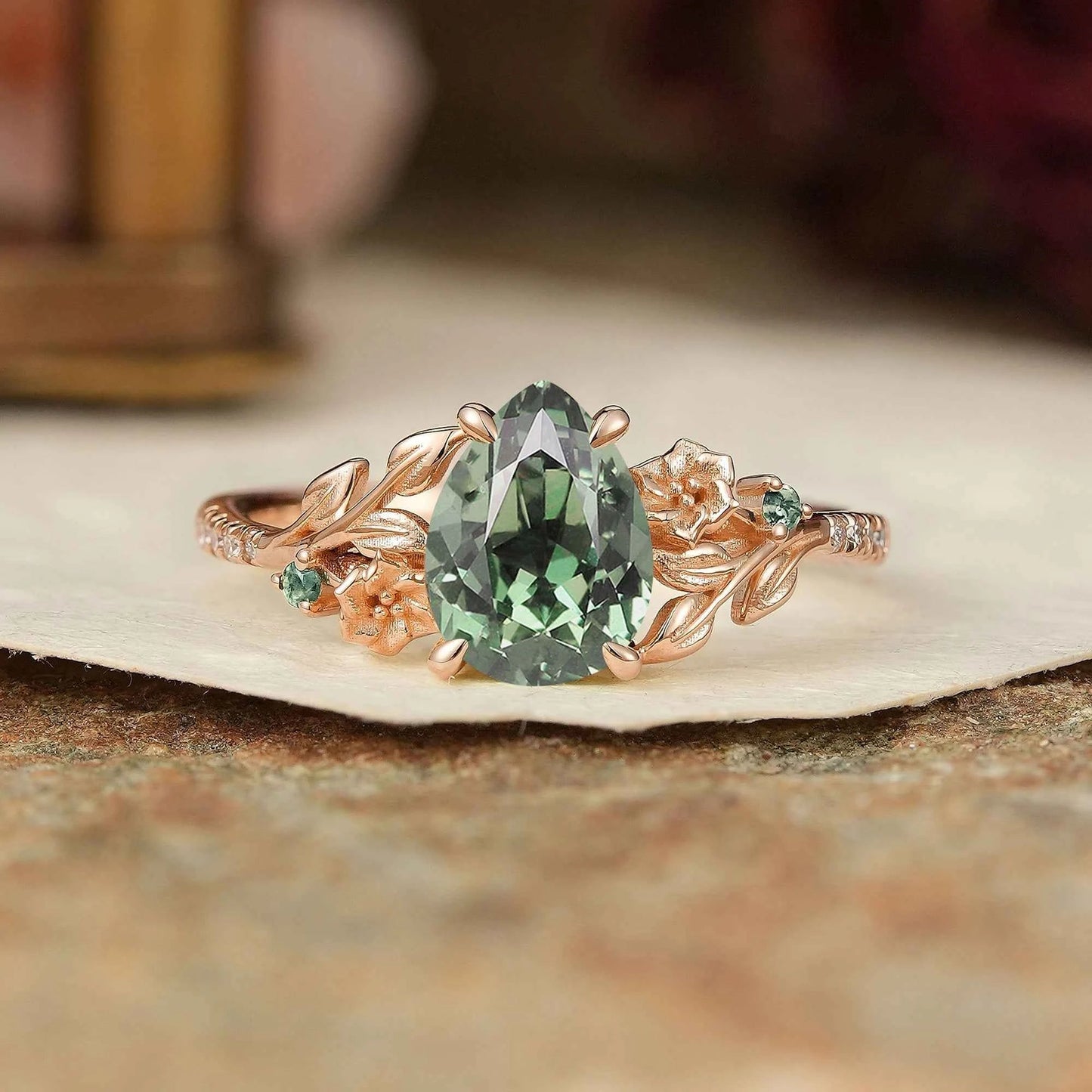 Pear Cut Green Sapphire Leaf And Flower Inspired Engagement Ring - Leslie - GemsMagic