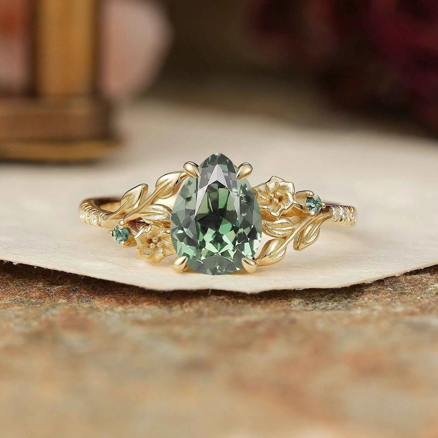 Pear Cut Green Sapphire Leaf And Flower Inspired Engagement Ring - Leslie - GemsMagic