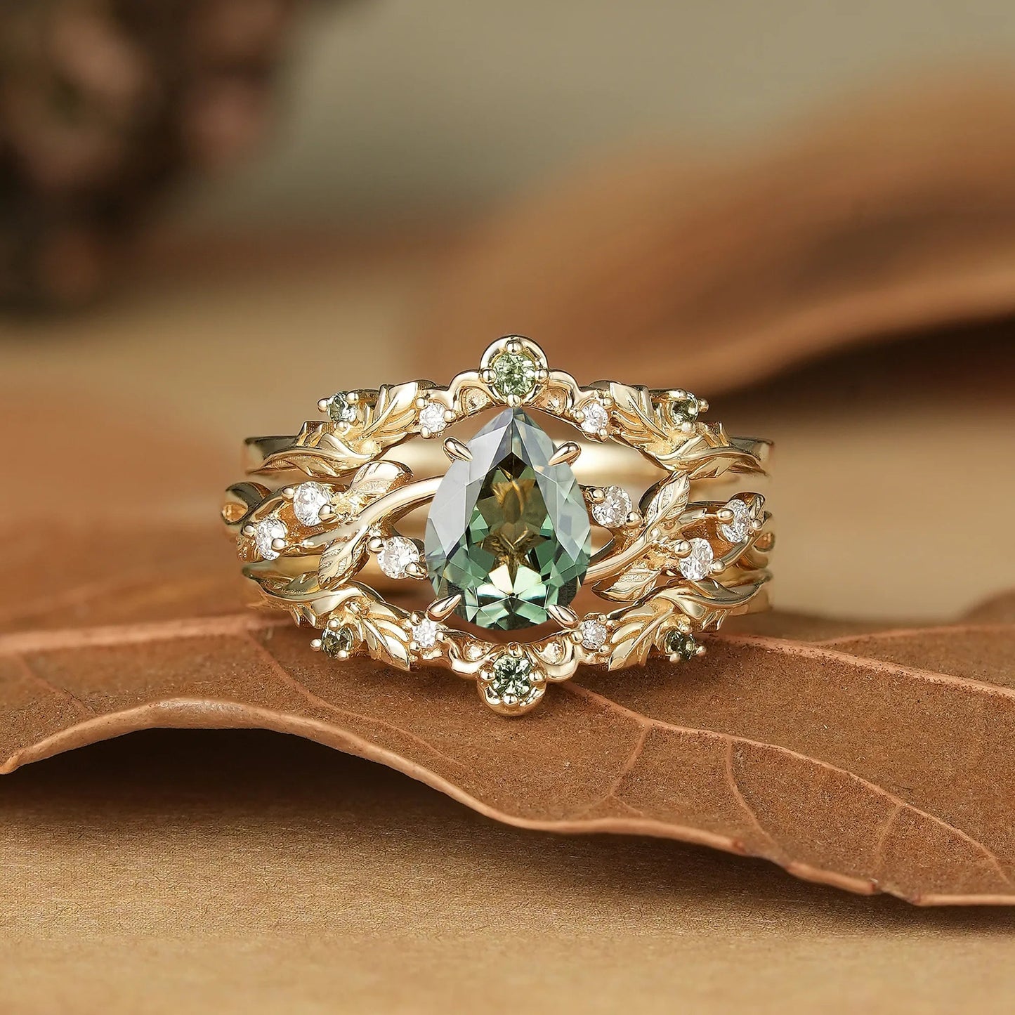 Pear Cut Green Sapphire Oak Leaf Inspired Enhancer Ring Set - Natalie - GemsMagic