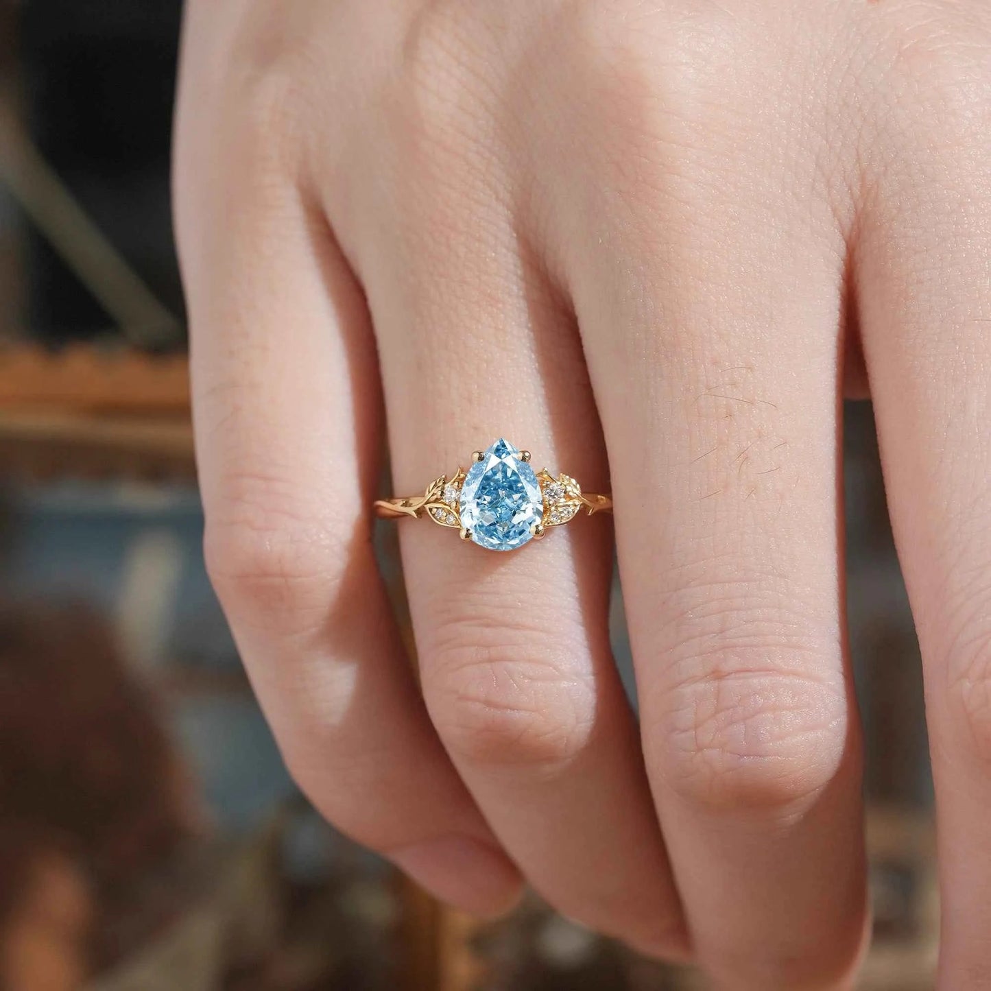 Pear Cut Lab Grown Blue Diamond Leaf And Vine Inspired Engagement Ring - Kiara | GemsMagic - GemsMagic