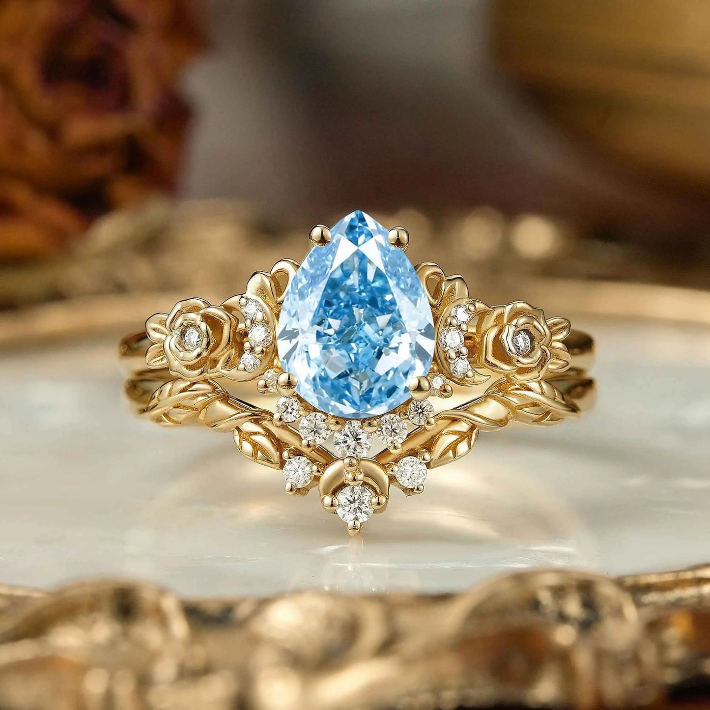 Pear Cut Lab Grown Blue Diamond Moon And Flower Inspired Bridal Ring Set | GemsMagic - GemsMagic