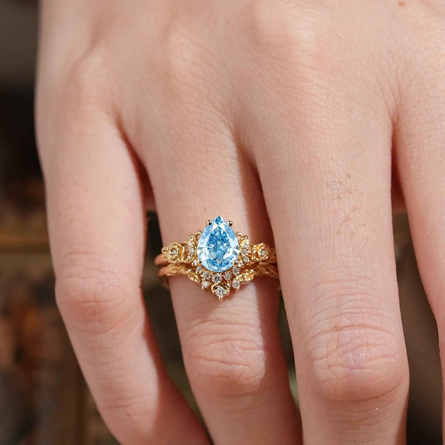 Pear Cut Lab Grown Blue Diamond Moon And Flower Inspired Bridal Ring Set | GemsMagic - GemsMagic
