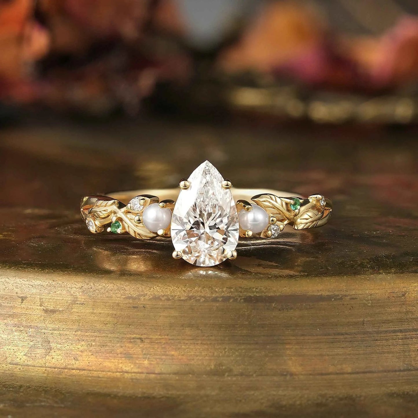 Pear Cut Lab Grown Diamond Leaf Engagement Ring With Pearl And Emerald - Addison | GemsMagic - GemsMagic