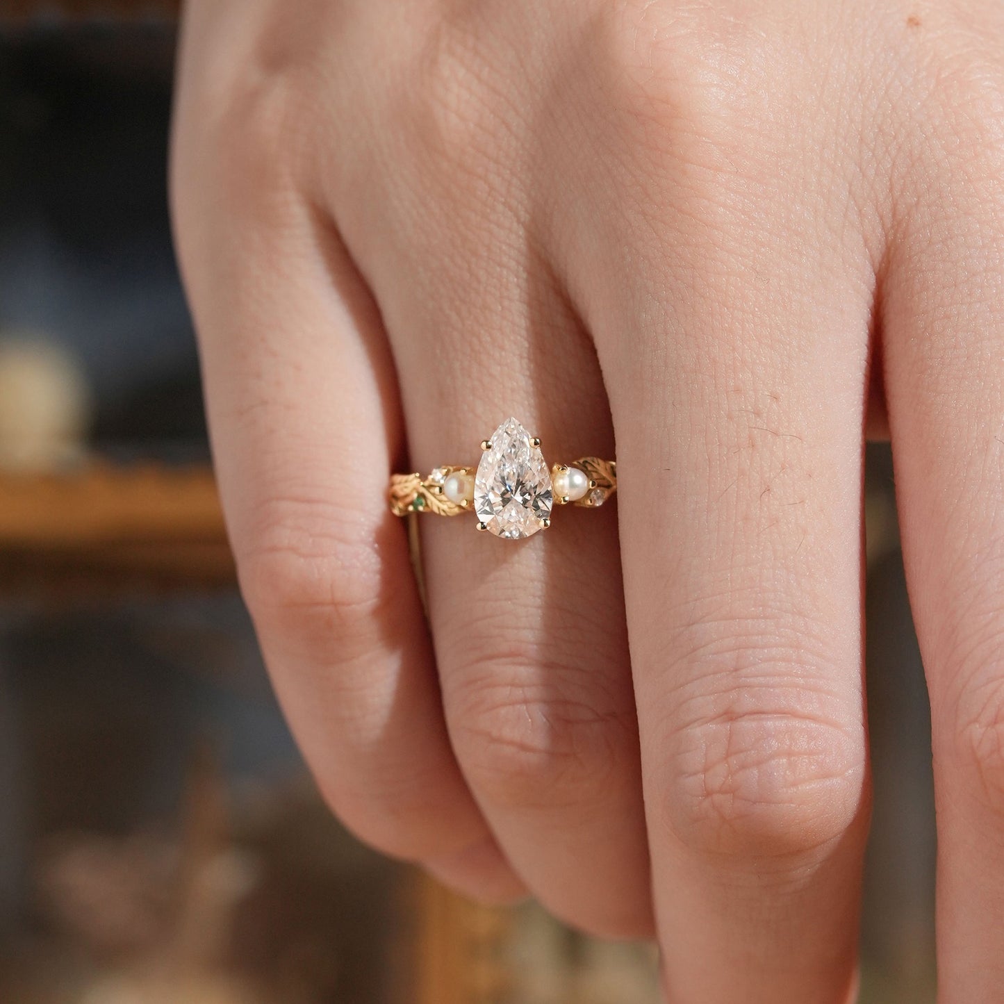 Pear Cut Lab Grown Diamond Leaf Engagement Ring With Pearl And Emerald - Addison | GemsMagic - GemsMagic