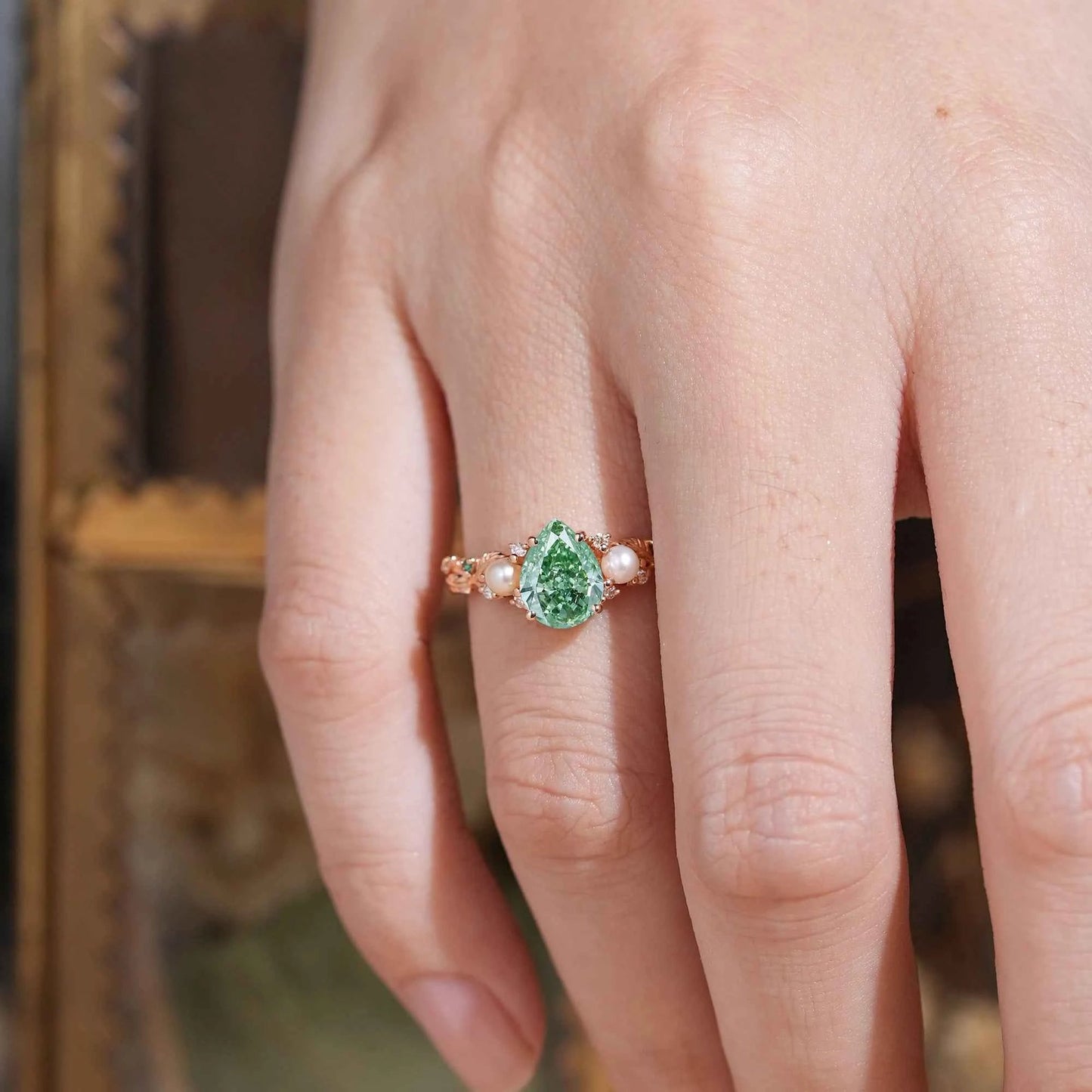 Pear Cut Lab Grown Green Diamond And Pearl Leaf Engagement Ring - Addison | GemsMagic - GemsMagic