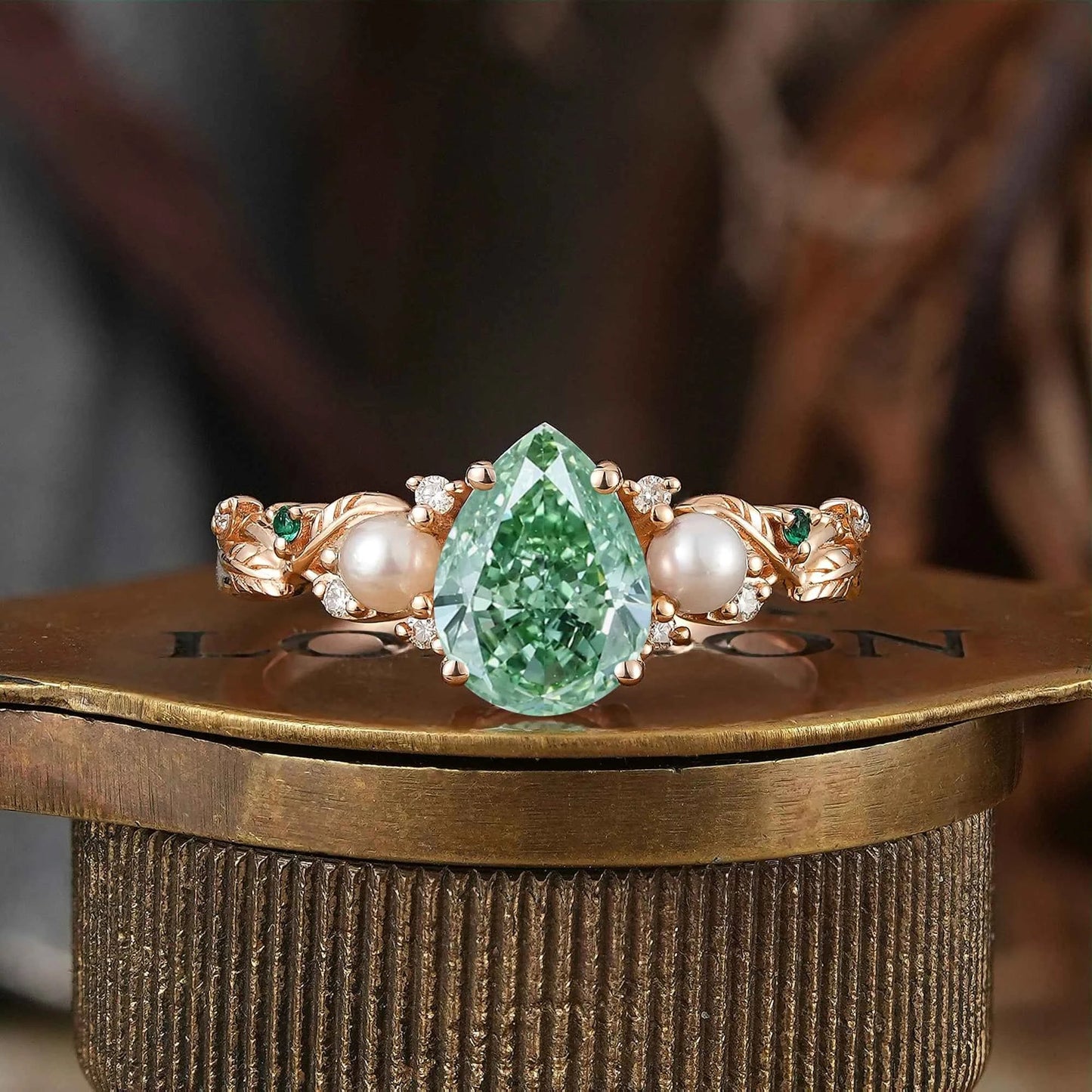 Pear Cut Lab Grown Green Diamond And Pearl Leaf Engagement Ring - Addison | GemsMagic - GemsMagic