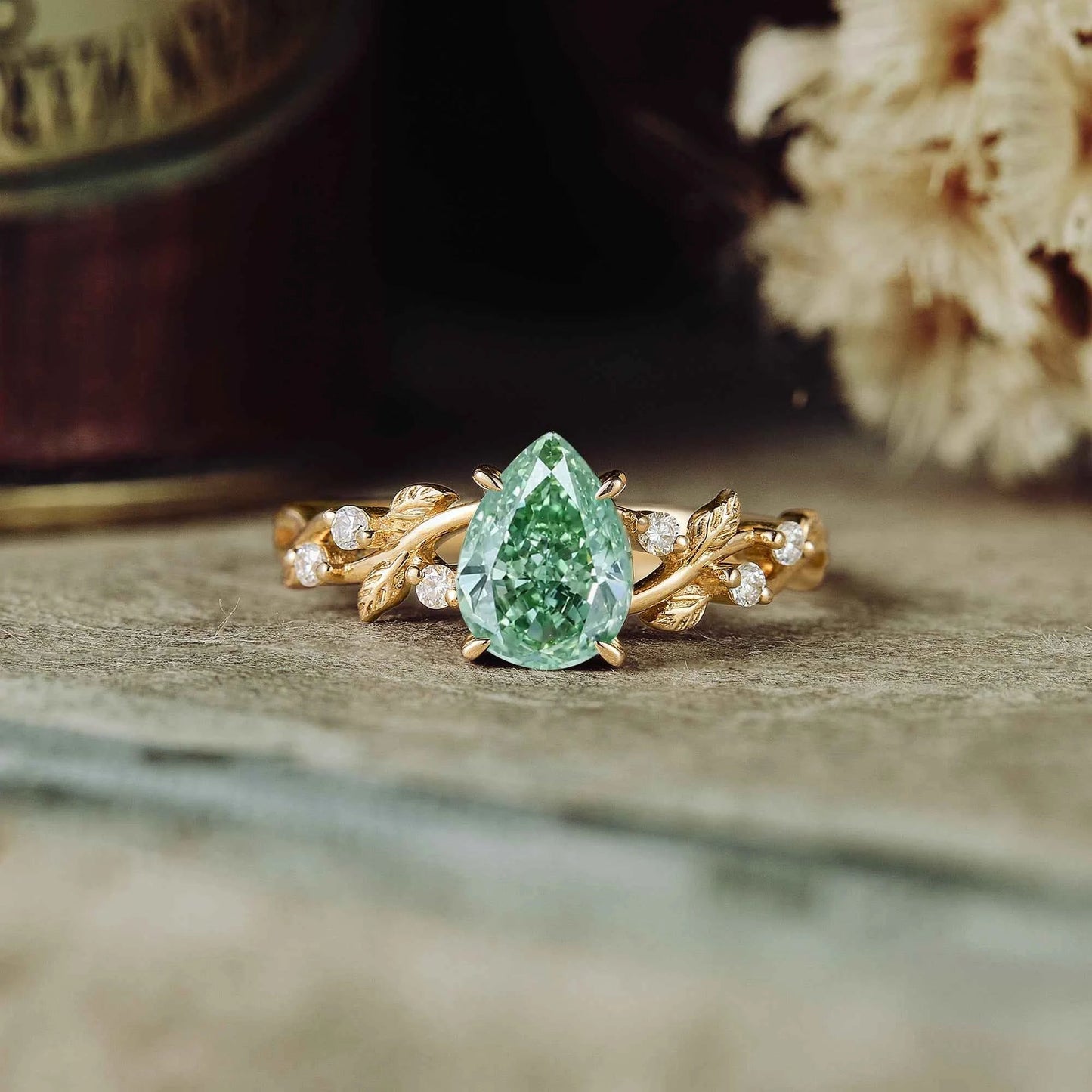 Pear Cut Lab Grown Green Diamond Leaf Engagement Ring - Caroline | GemsMagic - GemsMagic