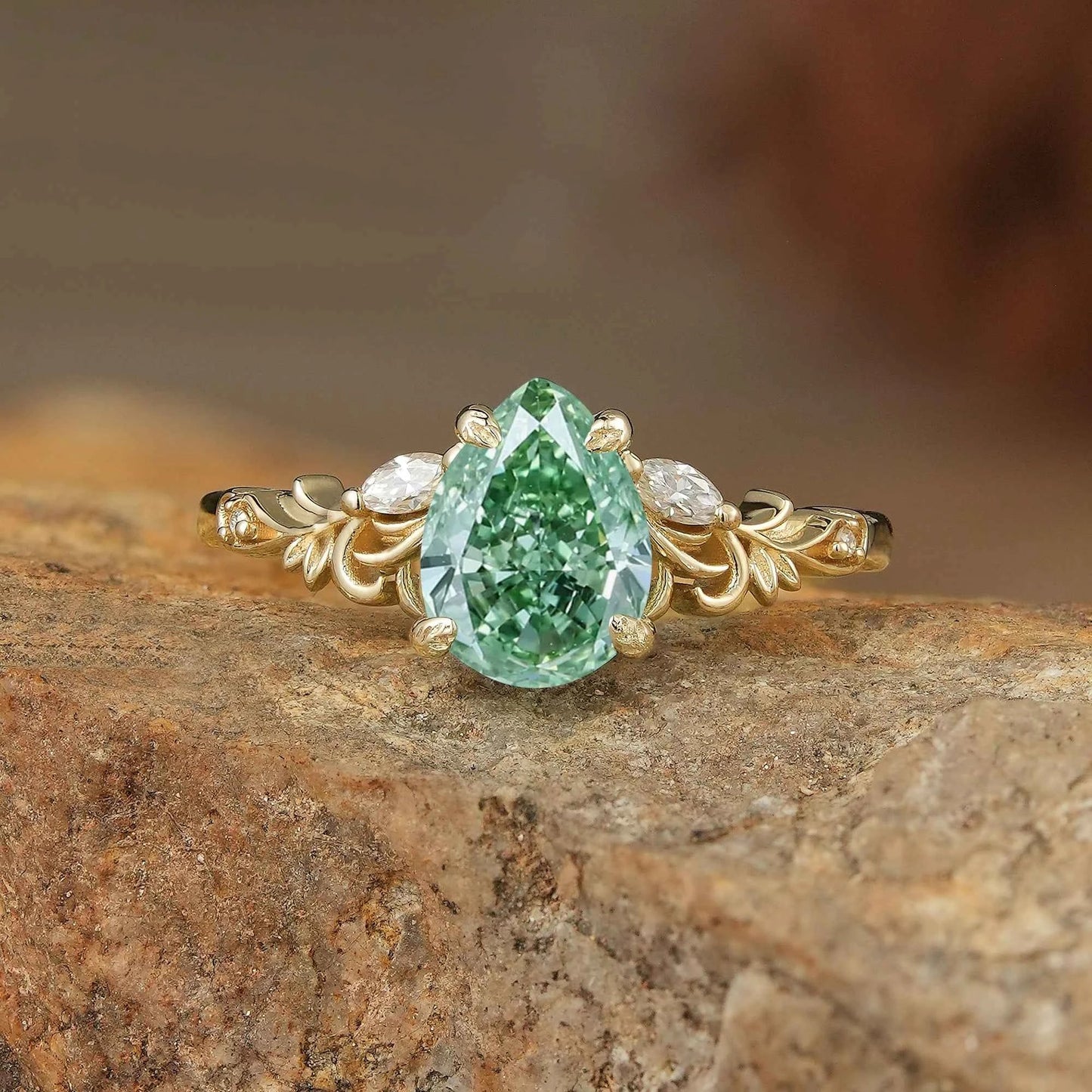 Pear Cut Lab Grown Green Diamond Olive Branch Inspired Engagement Ring - Rene | GemsMagic - GemsMagic