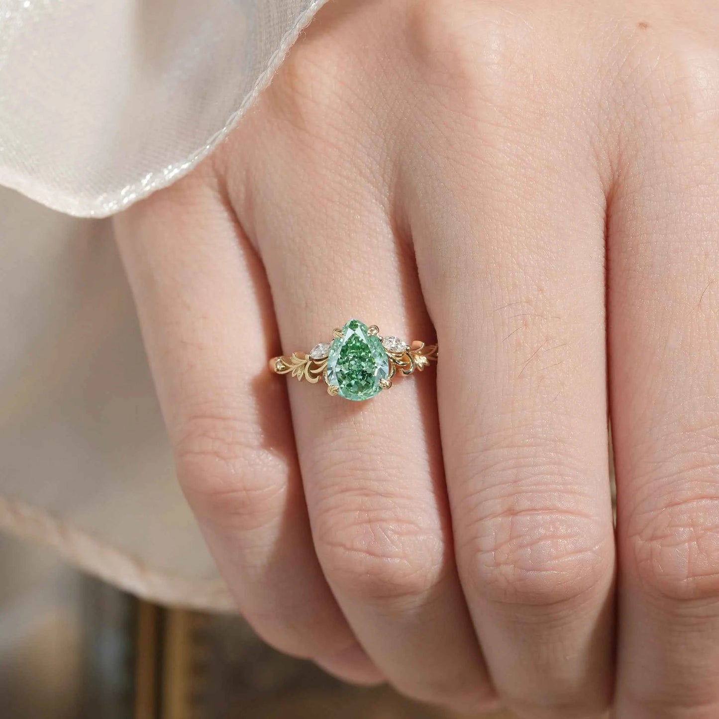 Pear Cut Lab Grown Green Diamond Olive Branch Inspired Engagement Ring - Rene | GemsMagic - GemsMagic