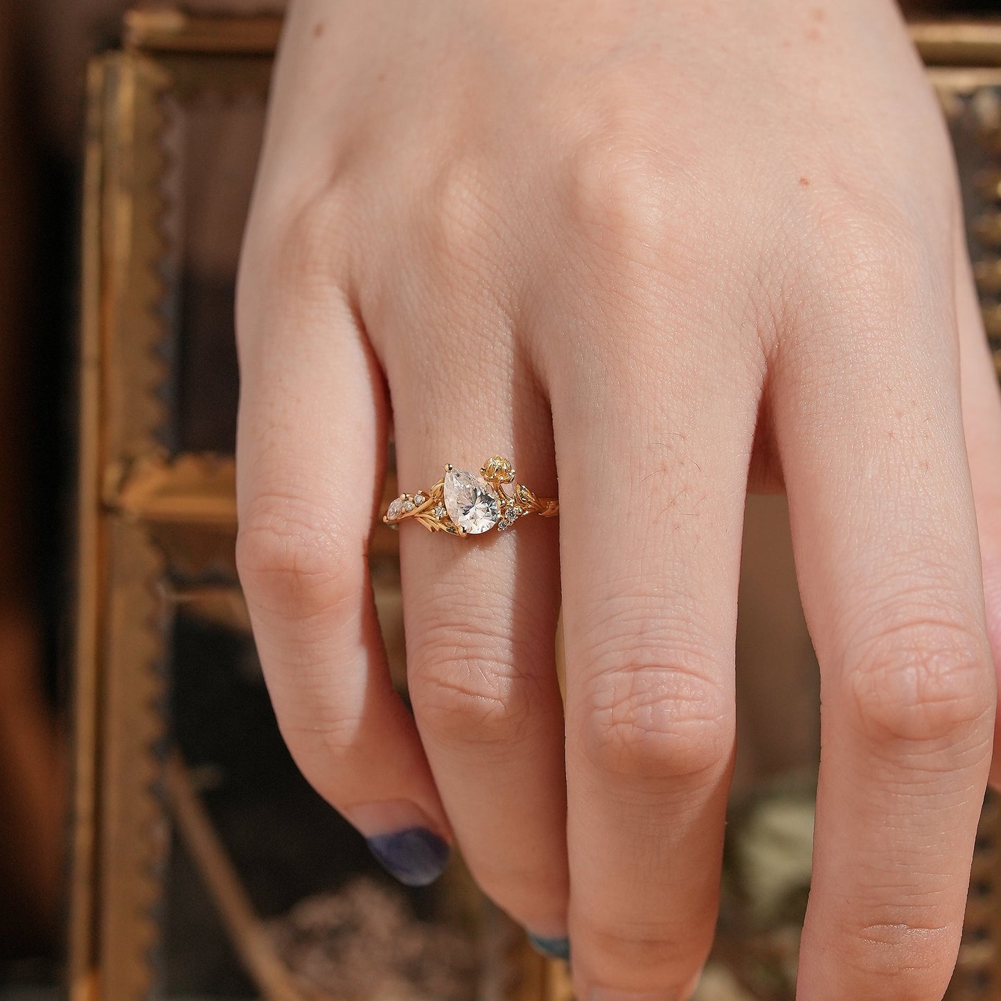 Pear Cut Moissanite Snow Lotus Flower Inspired Tilted Engagement Ring - Kara - GemsMagic