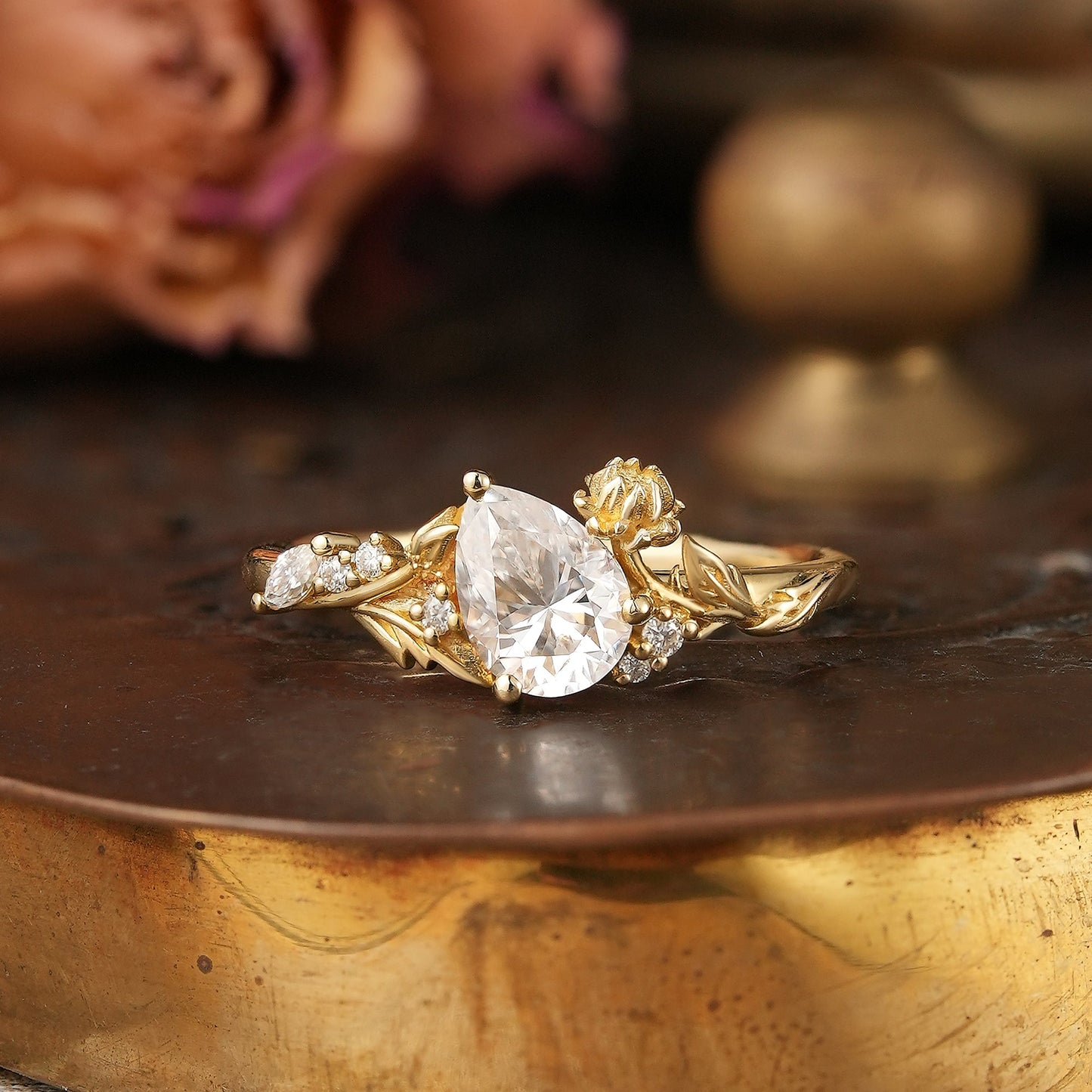 Pear Cut Moissanite Snow Lotus Flower Inspired Tilted Engagement Ring - Kara - GemsMagic