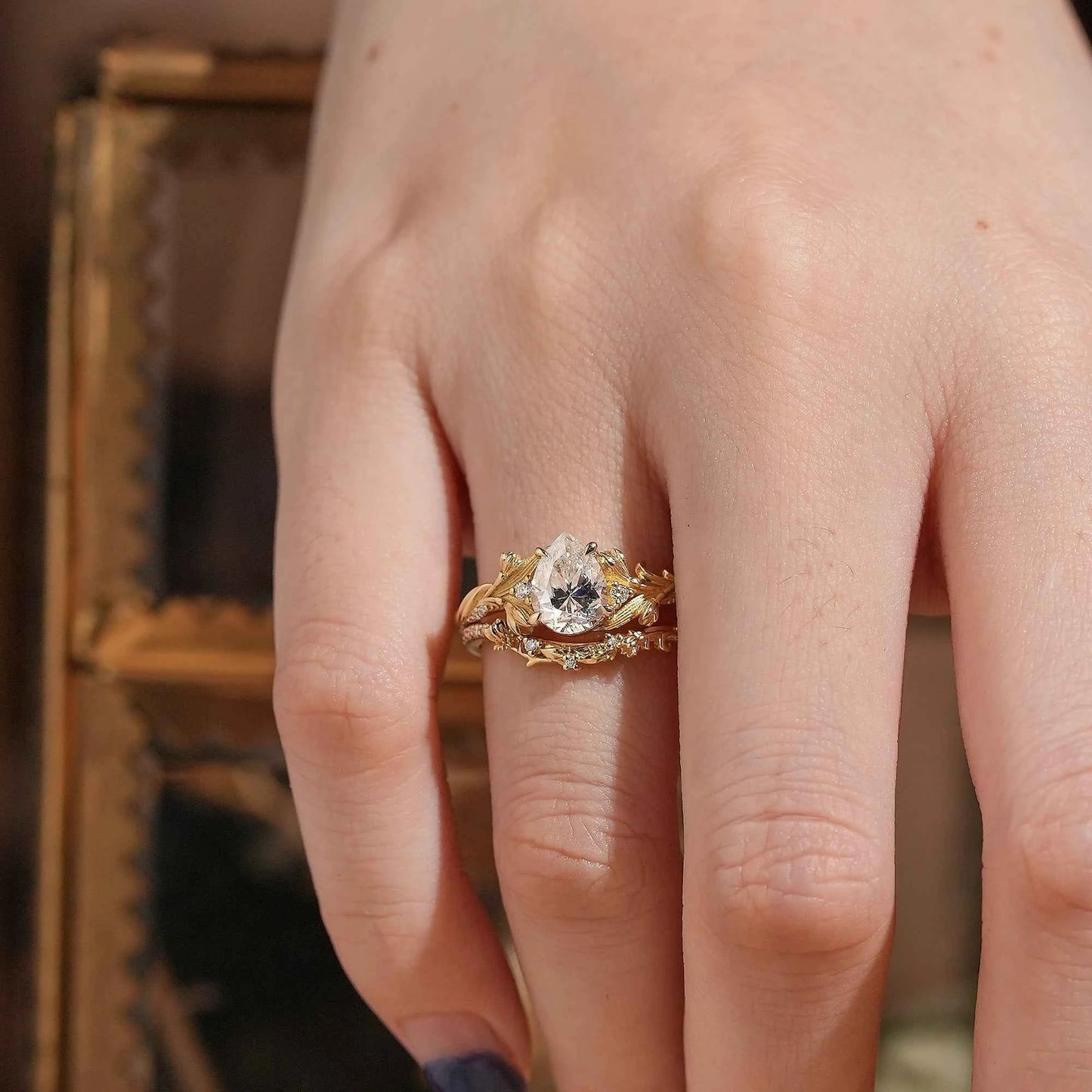 Pear Cut Moissanite Snowdrop Flower Inspired Bridal Ring Set - GemsMagic