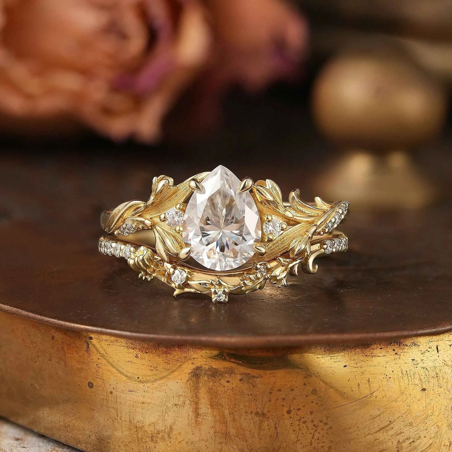 Pear Cut Moissanite Snowdrop Flower Inspired Bridal Ring Set - GemsMagic