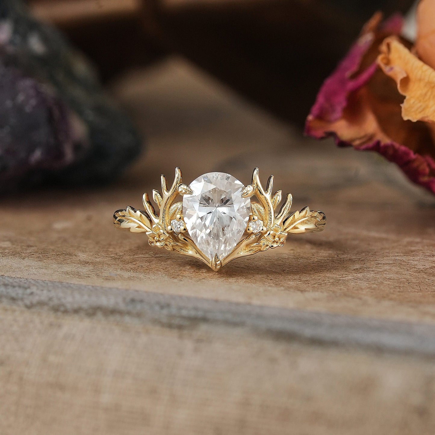 Pear Cut Moissanite Stag Inspired Fairy Engagement Ring - Molly - GemsMagic