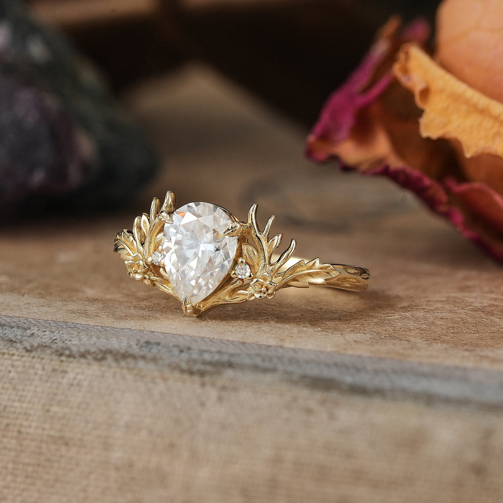 Pear Cut Moissanite Stag Inspired Fairy Engagement Ring - Molly - GemsMagic