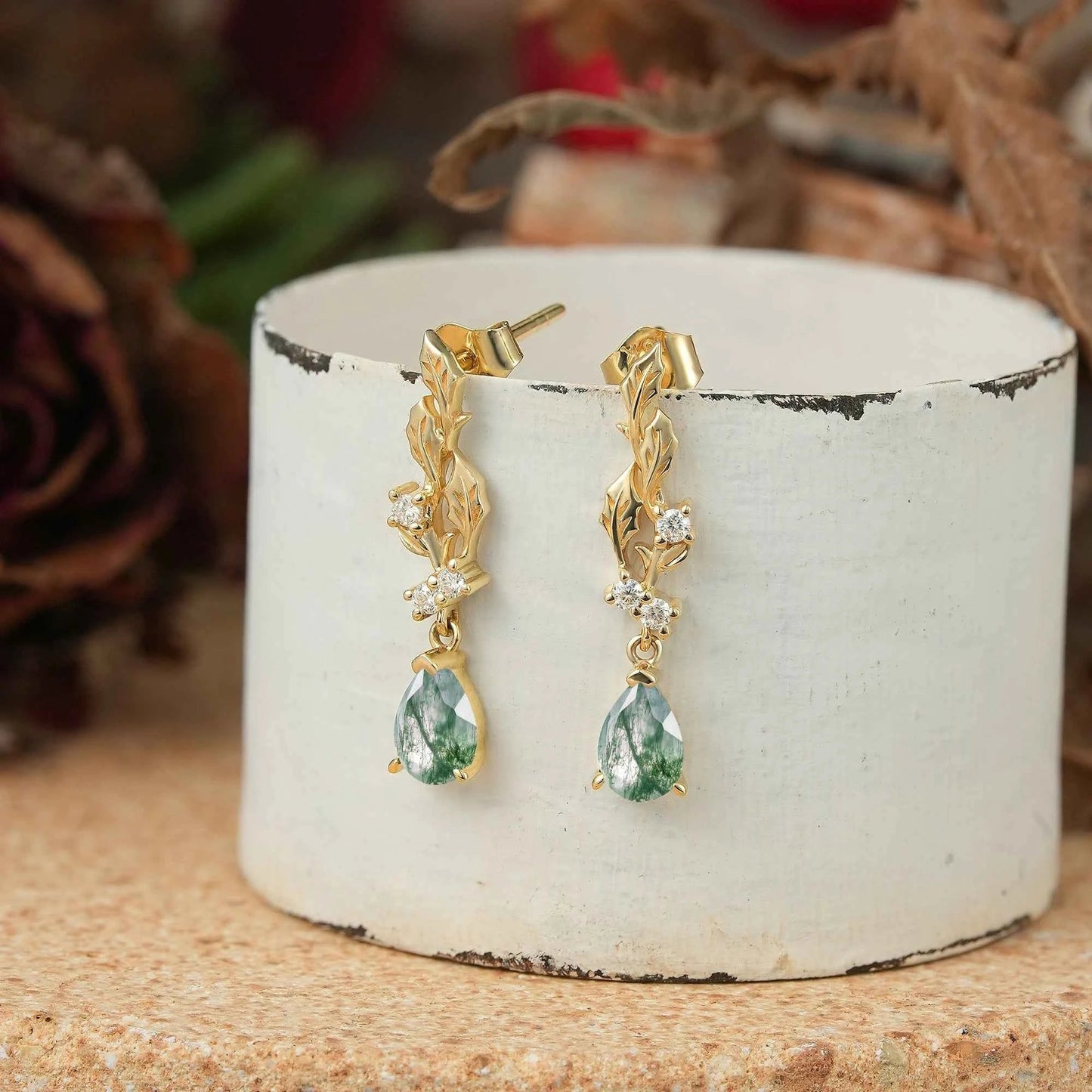 Pear Cut Moss Agate Leaf Inspired Mistletoe Earrings - GemsMagic